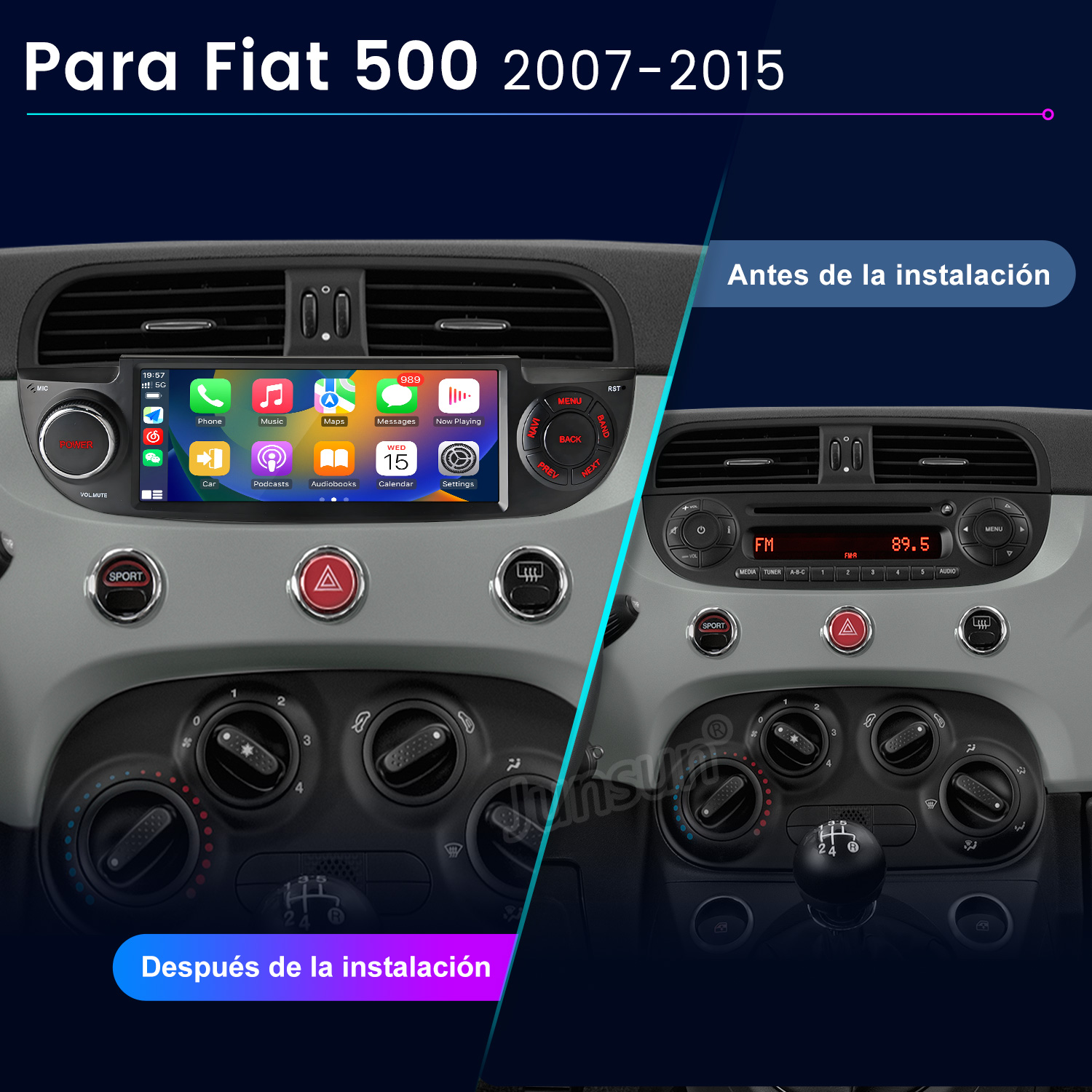 Comparación antes y después del salpicadero del Fiat 500 con nuevo sistema multimedia.
