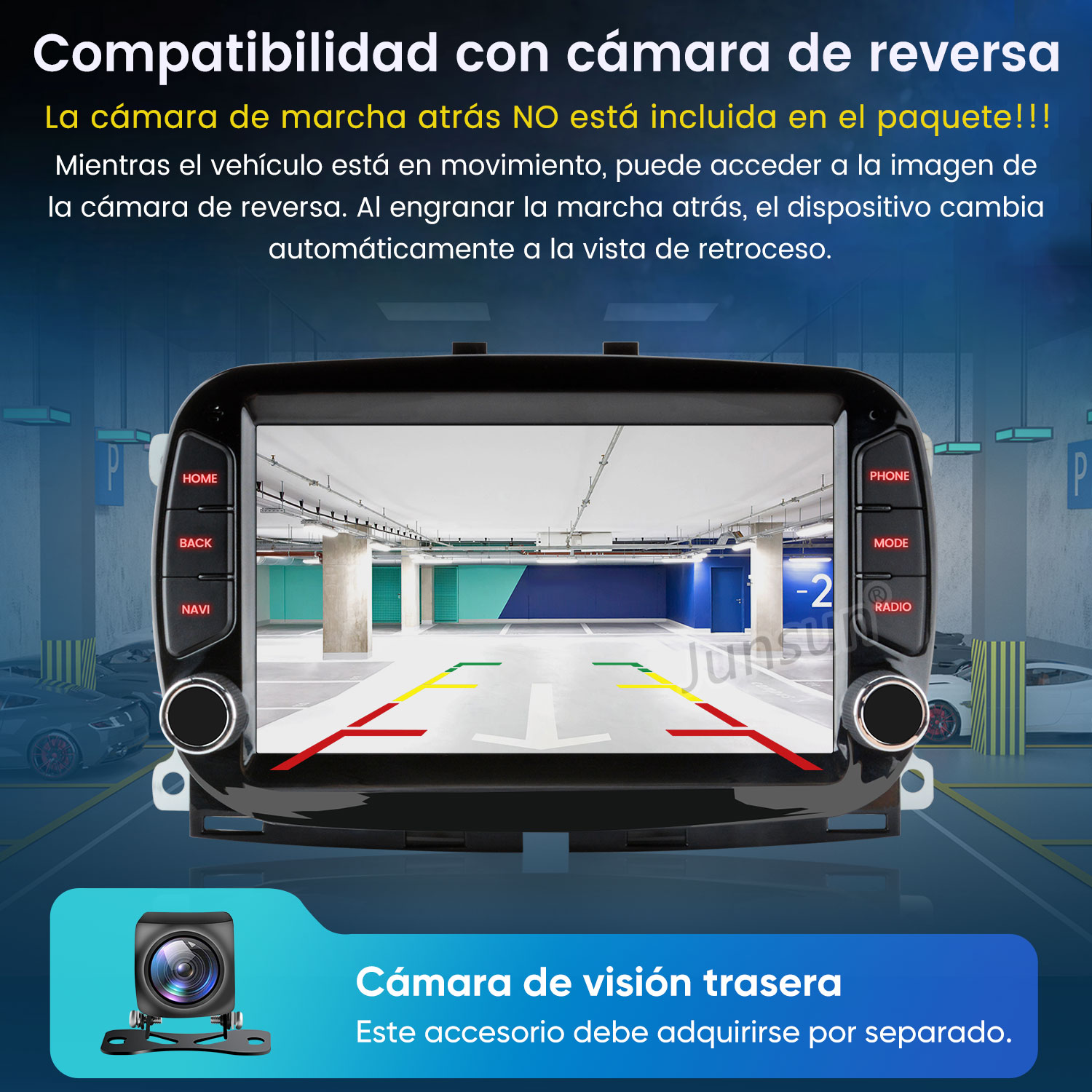 Compatibilidad con cámara de reversa. La cámara no está incluida.