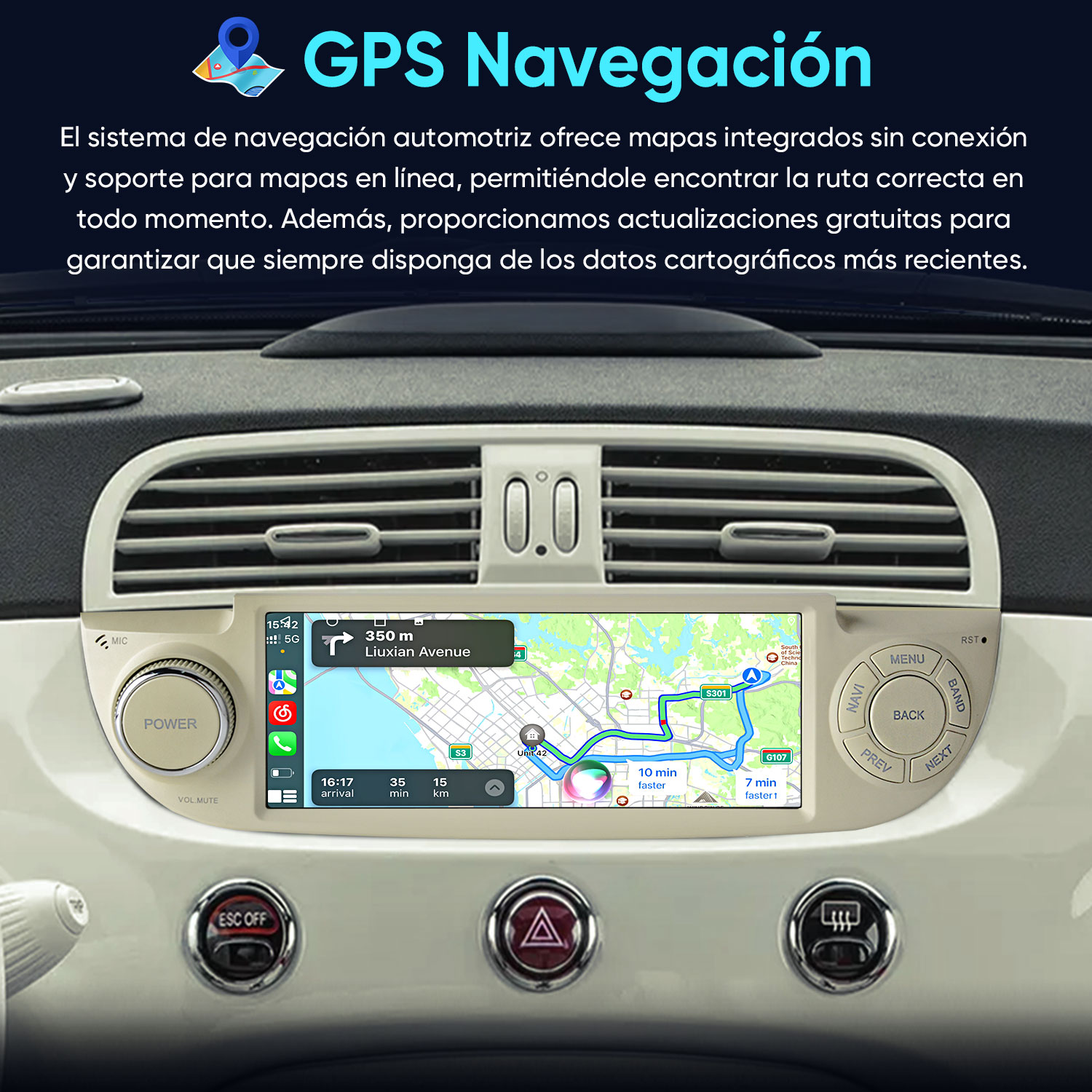 Sistema de navegación de coche con mapa, ruta, velocidad e información de tiempo.
