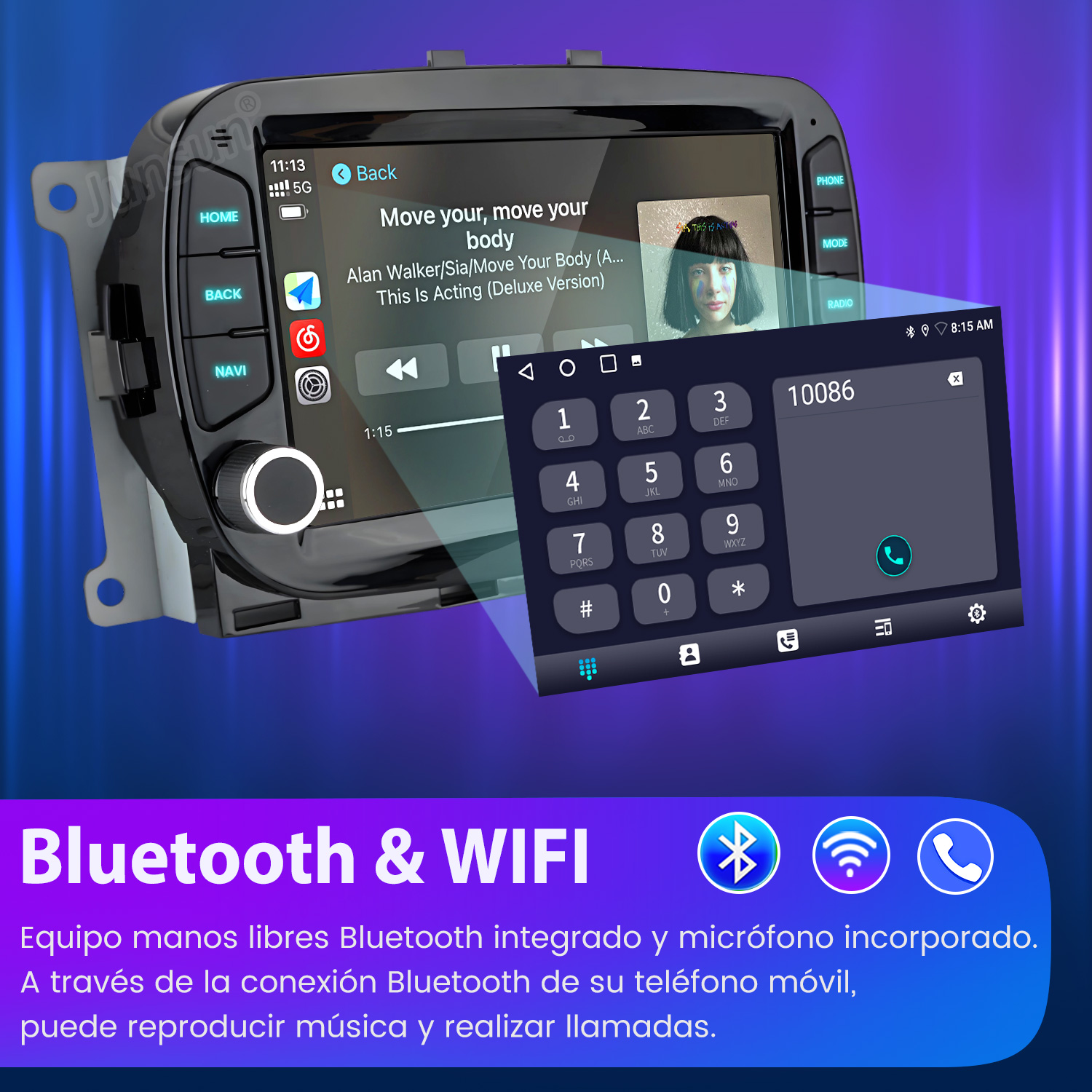 Pantalla de autorradio con música y teclado. Abajo dice "Bluetooth & WIFI".