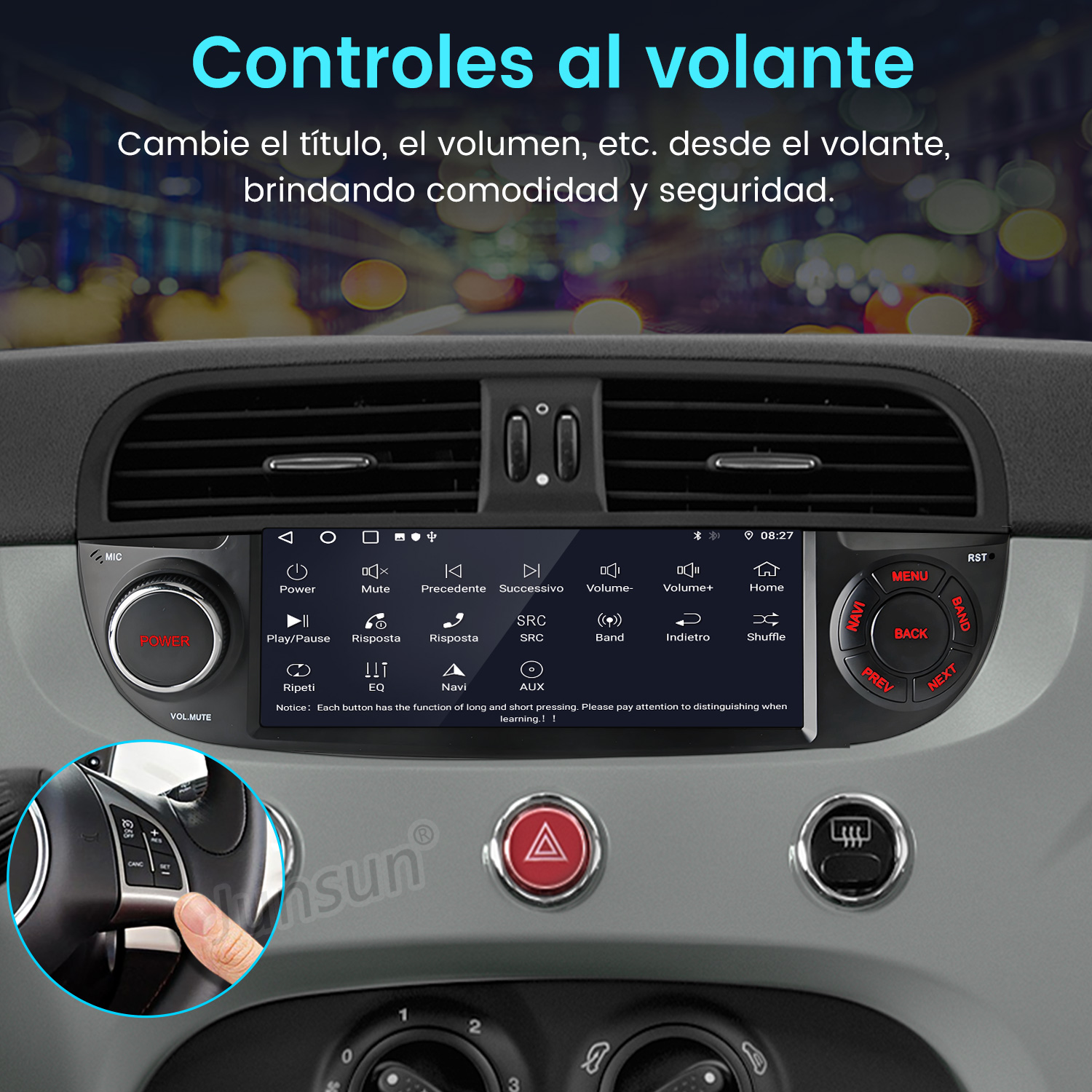 Salpicadero de coche con pantalla táctil y controles en el volante, texto "Controles al volante".