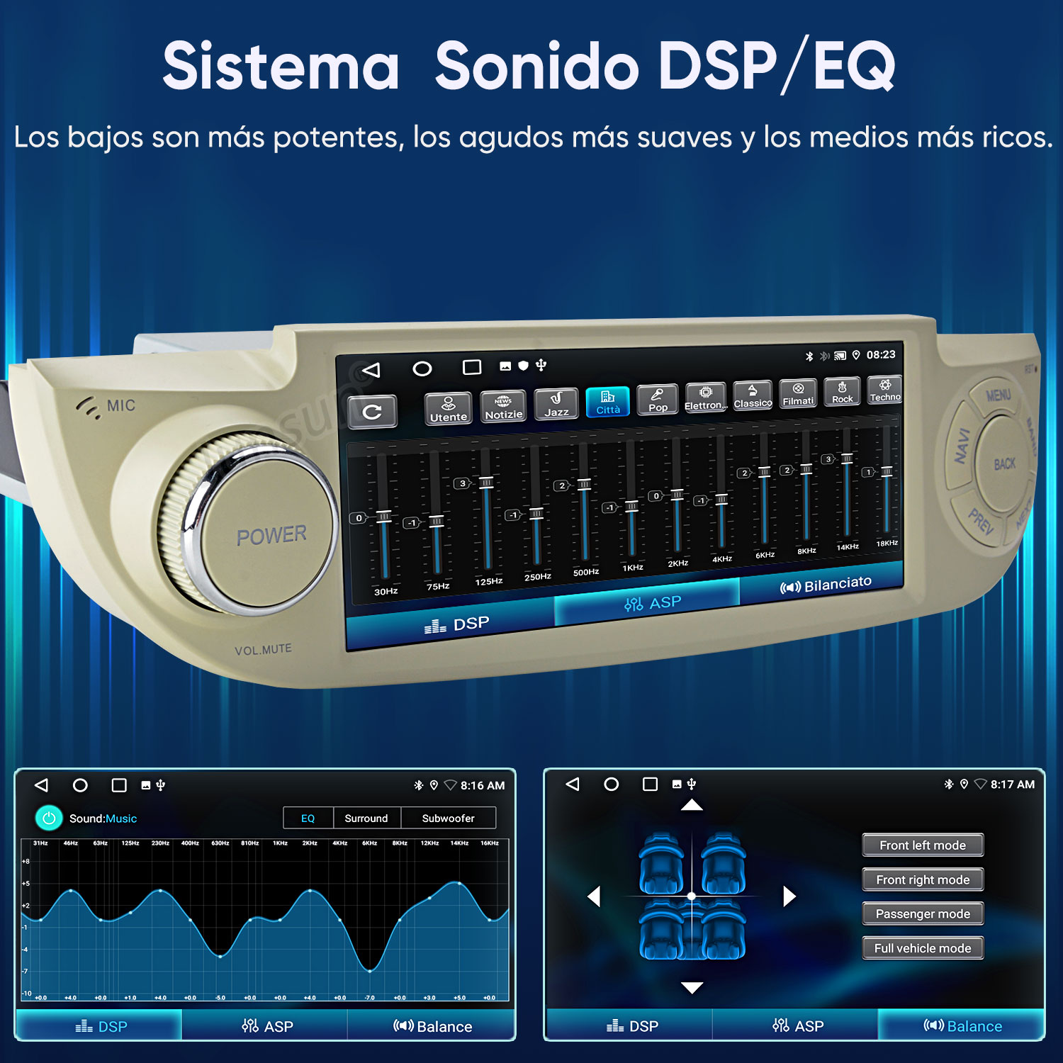 Sistema de audio para coche con ajustes de EQ y DSP, control de volumen y gráfico.