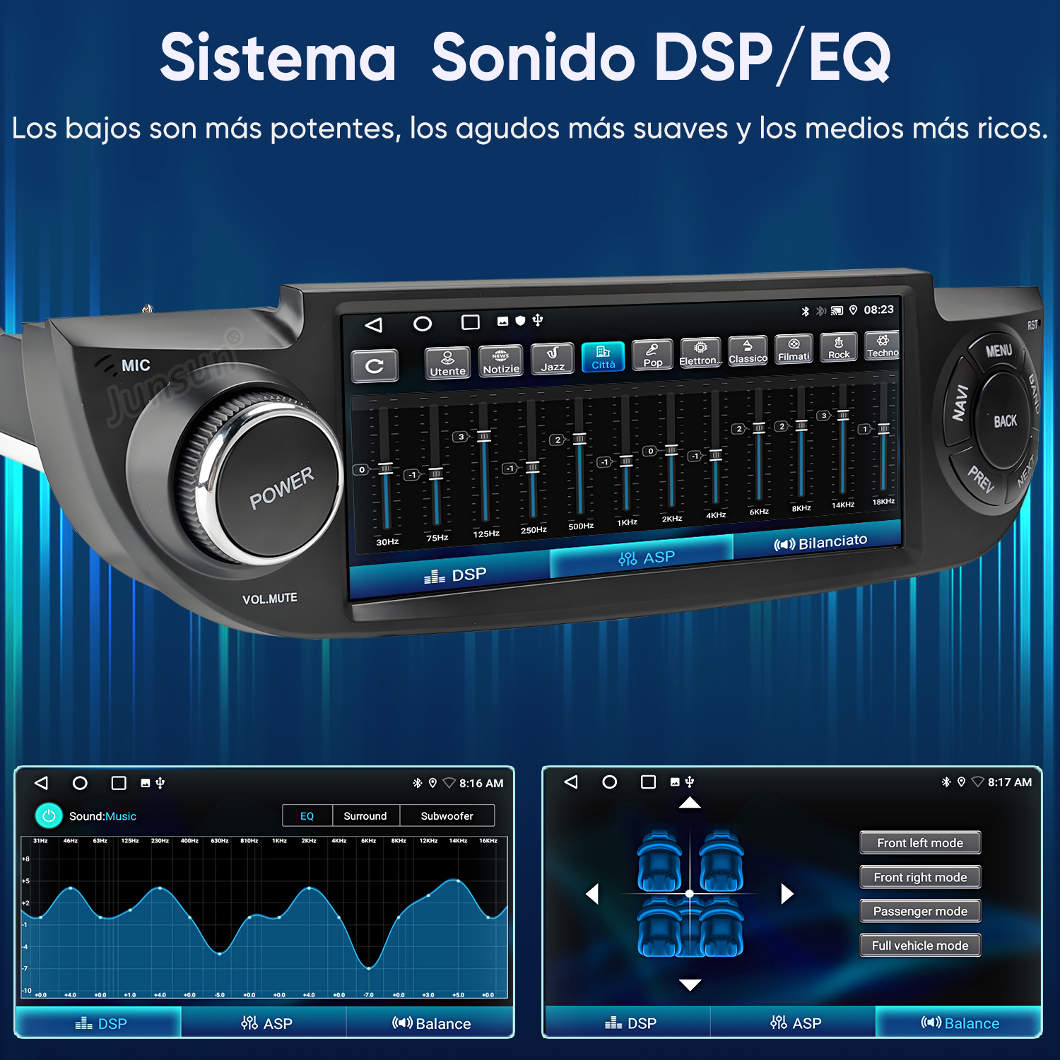 Una pantalla de autorradio que muestra ecualizador y ajustes del vehículo.