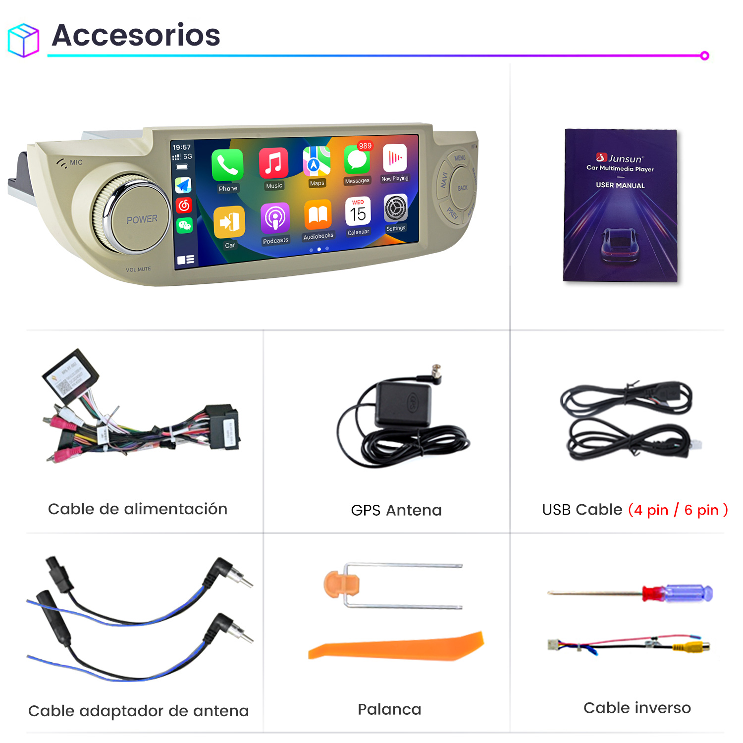 Accesorios multimedia para coche: unidad principal, manual, cable de alimentación, antena GPS.