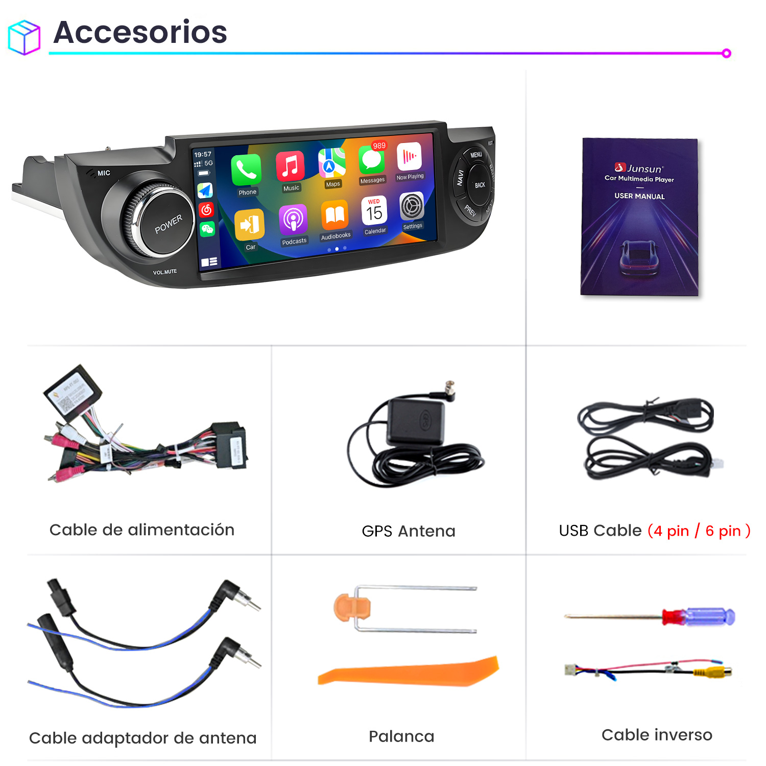 Accesorios reproductor multimedia coche: unidad principal, manual, cables, antena.