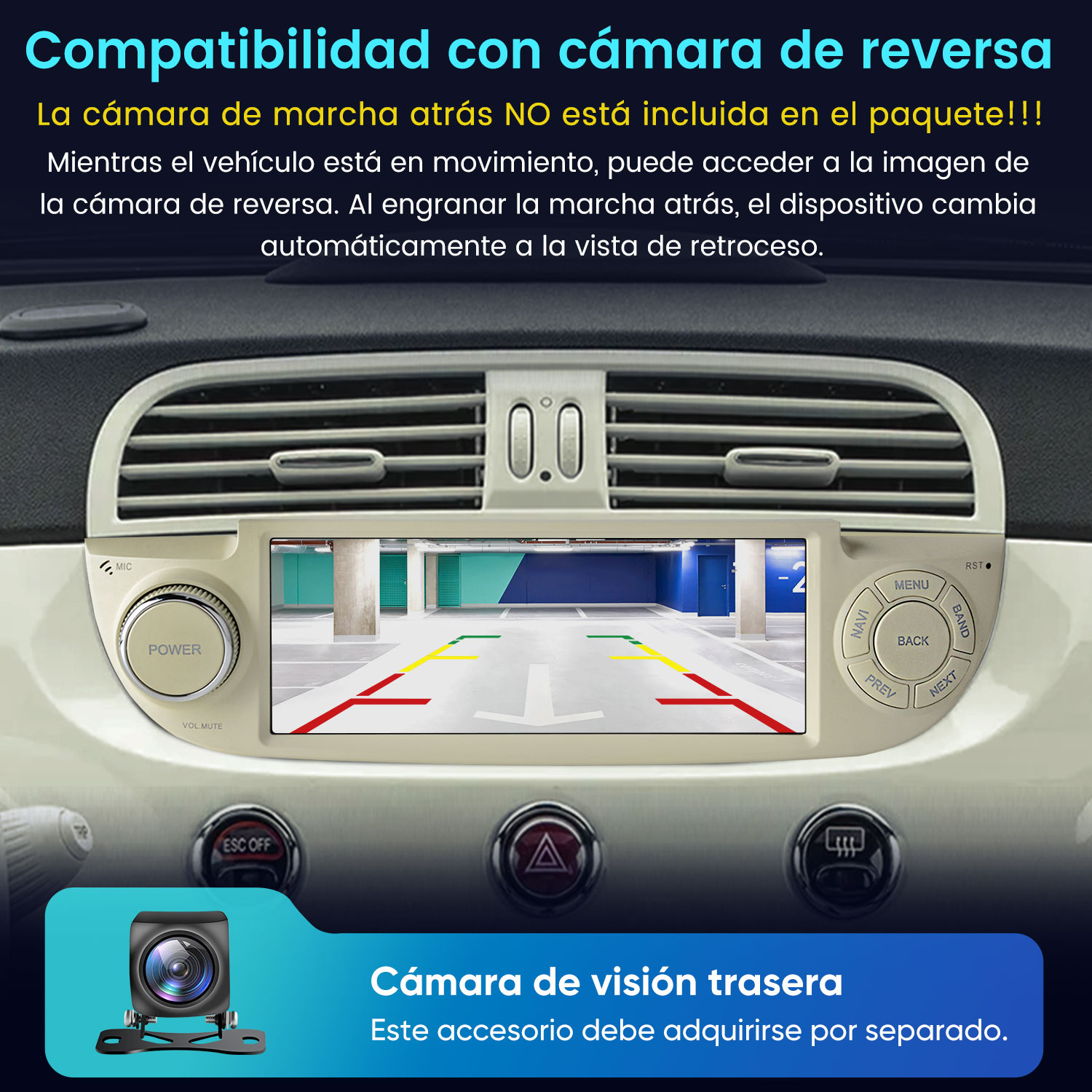 Interior de coche mostrando pantalla de cámara de marcha atrás y accesorio.