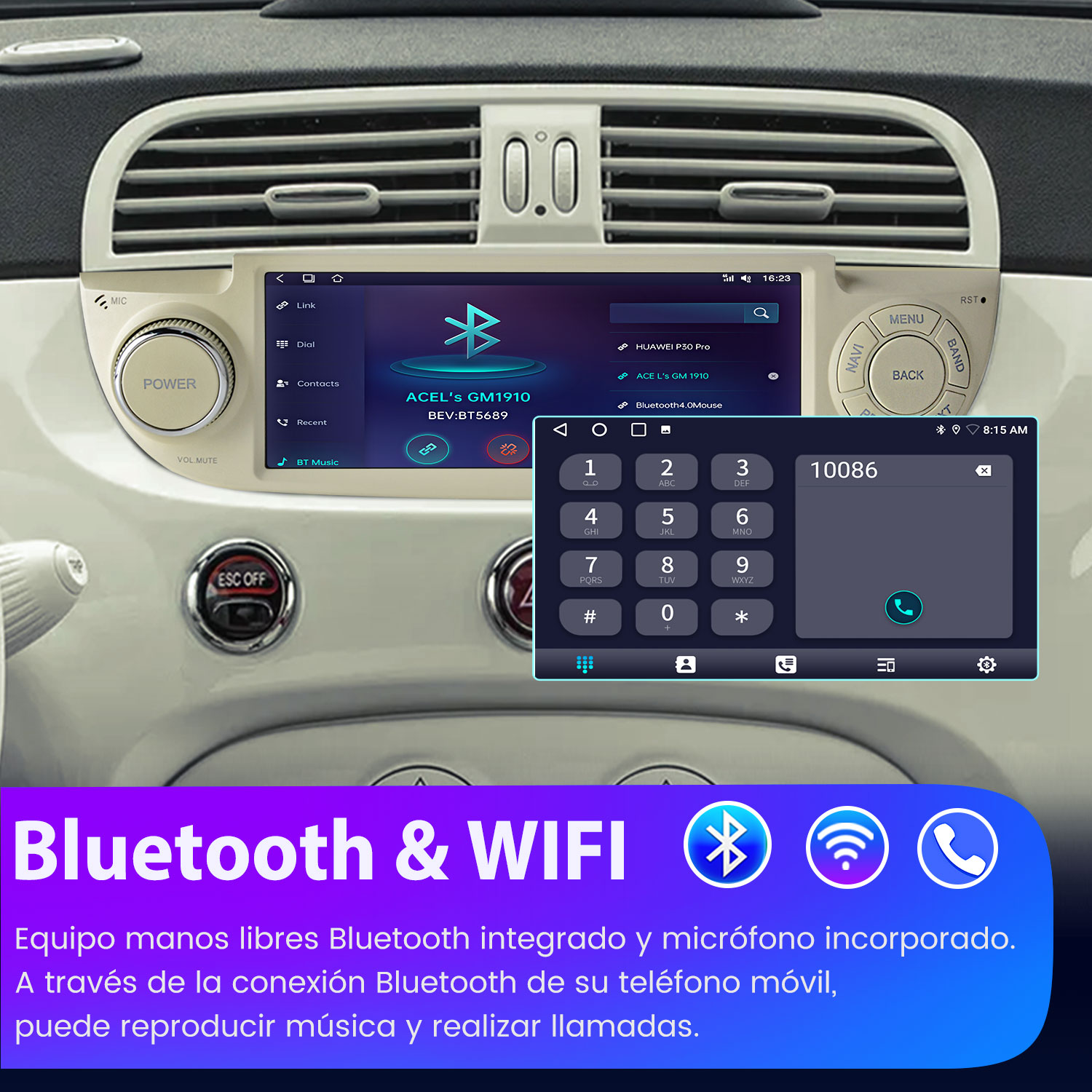 Salpicadero de coche mostrando pantalla de infoentretenimiento con opciones Bluetooth.