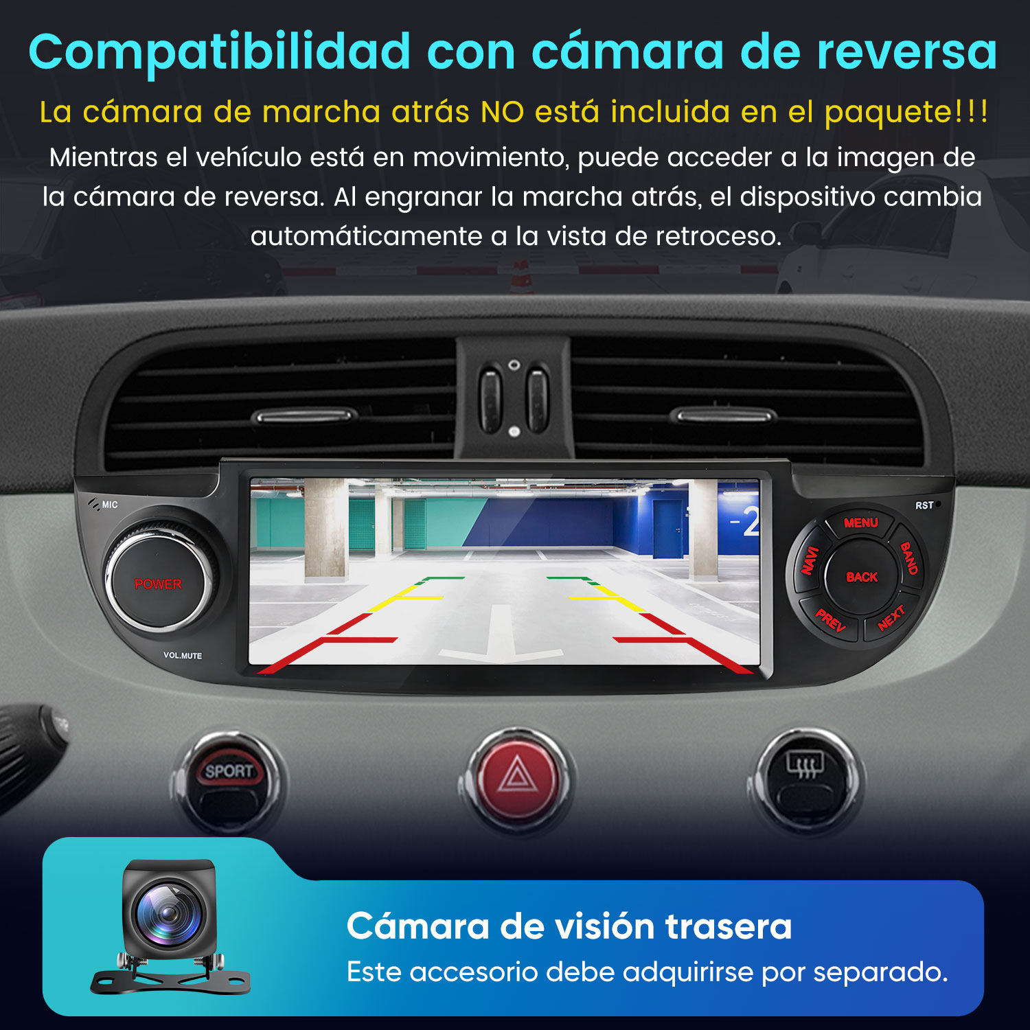Interior de coche con pantalla de cámara de reversa. Cámara no incluida.
