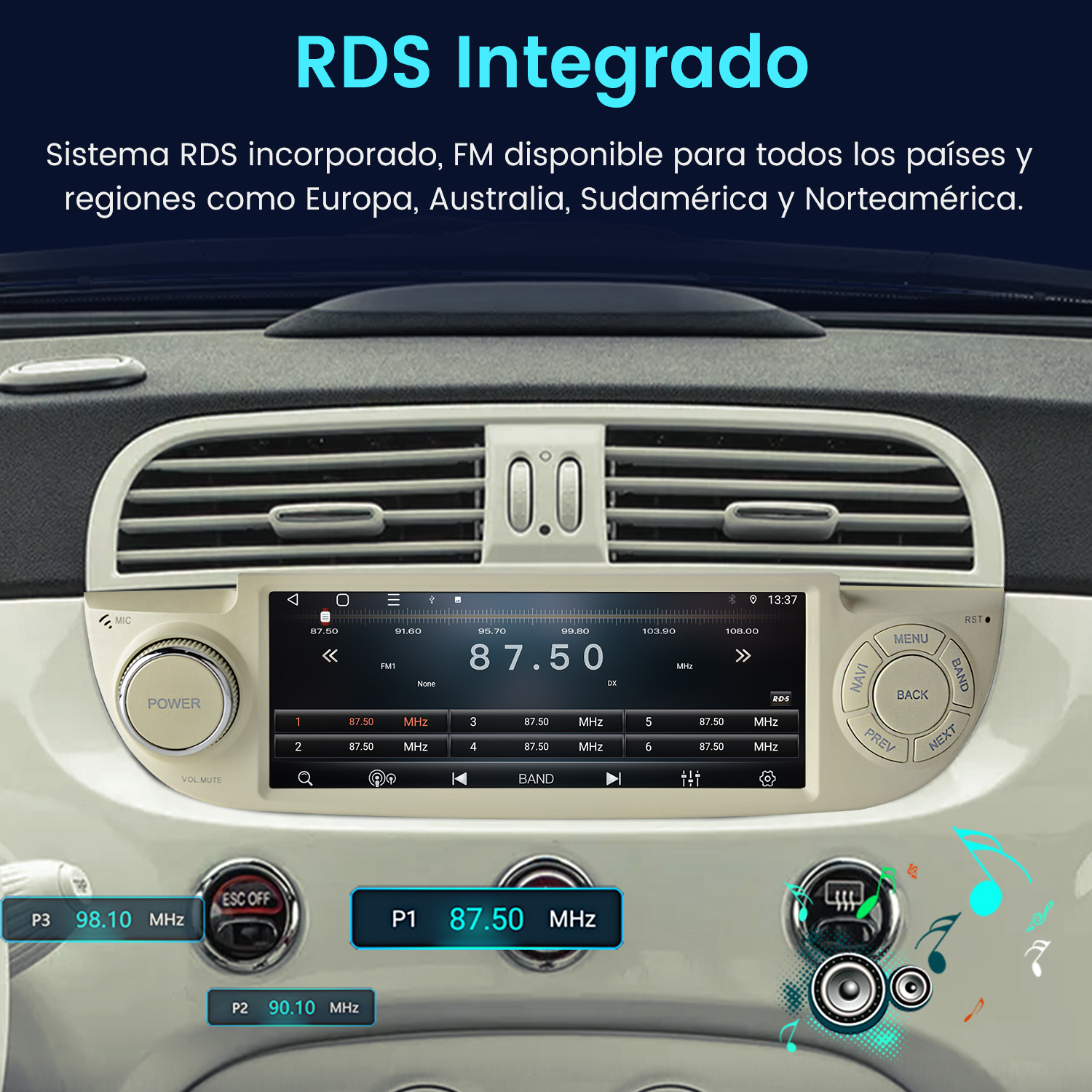 Panel de coche mostrando radio RDS, sintonizando la emisora 87.50 MHz.