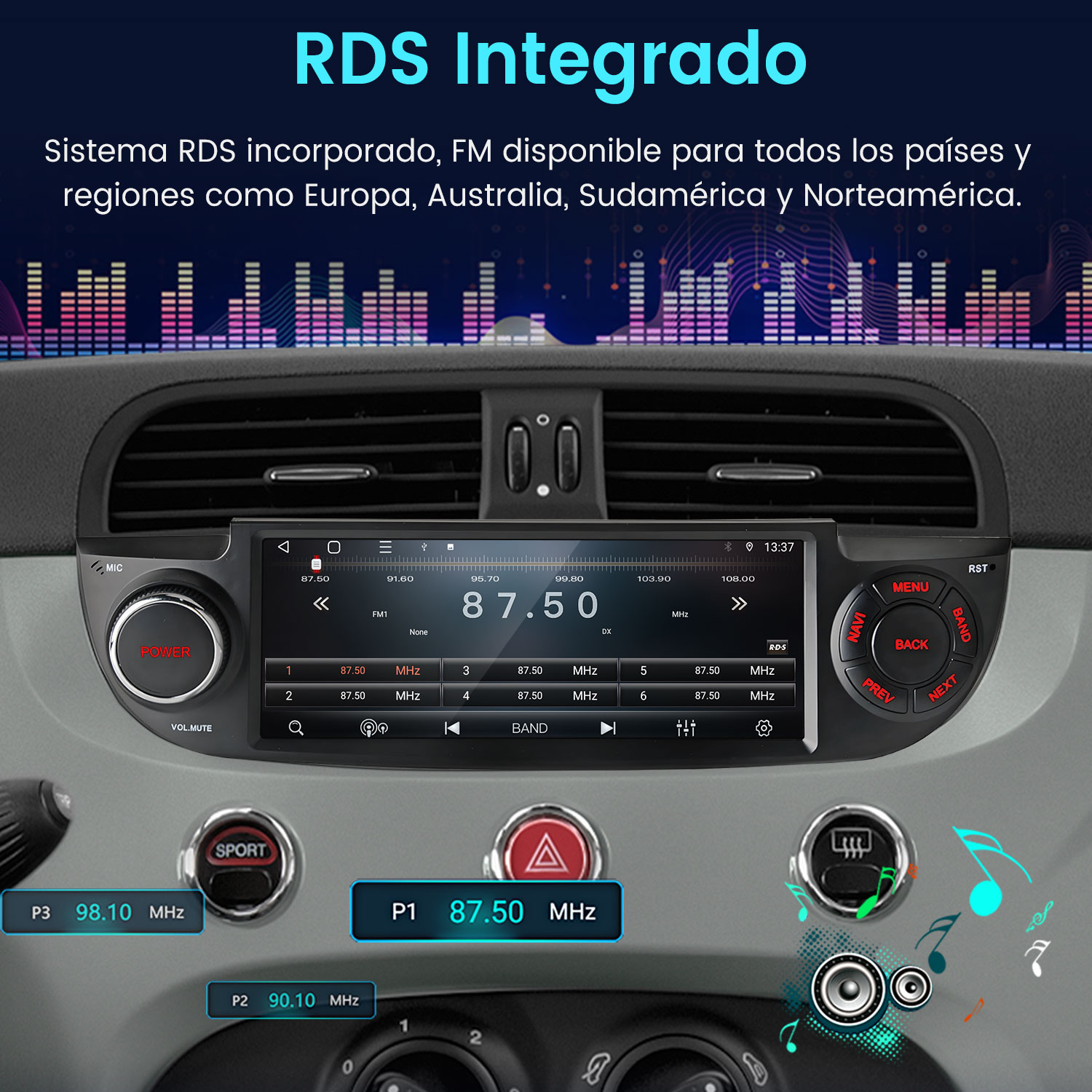 Pantalla de radio de coche mostrando frecuencias, botones y controles.