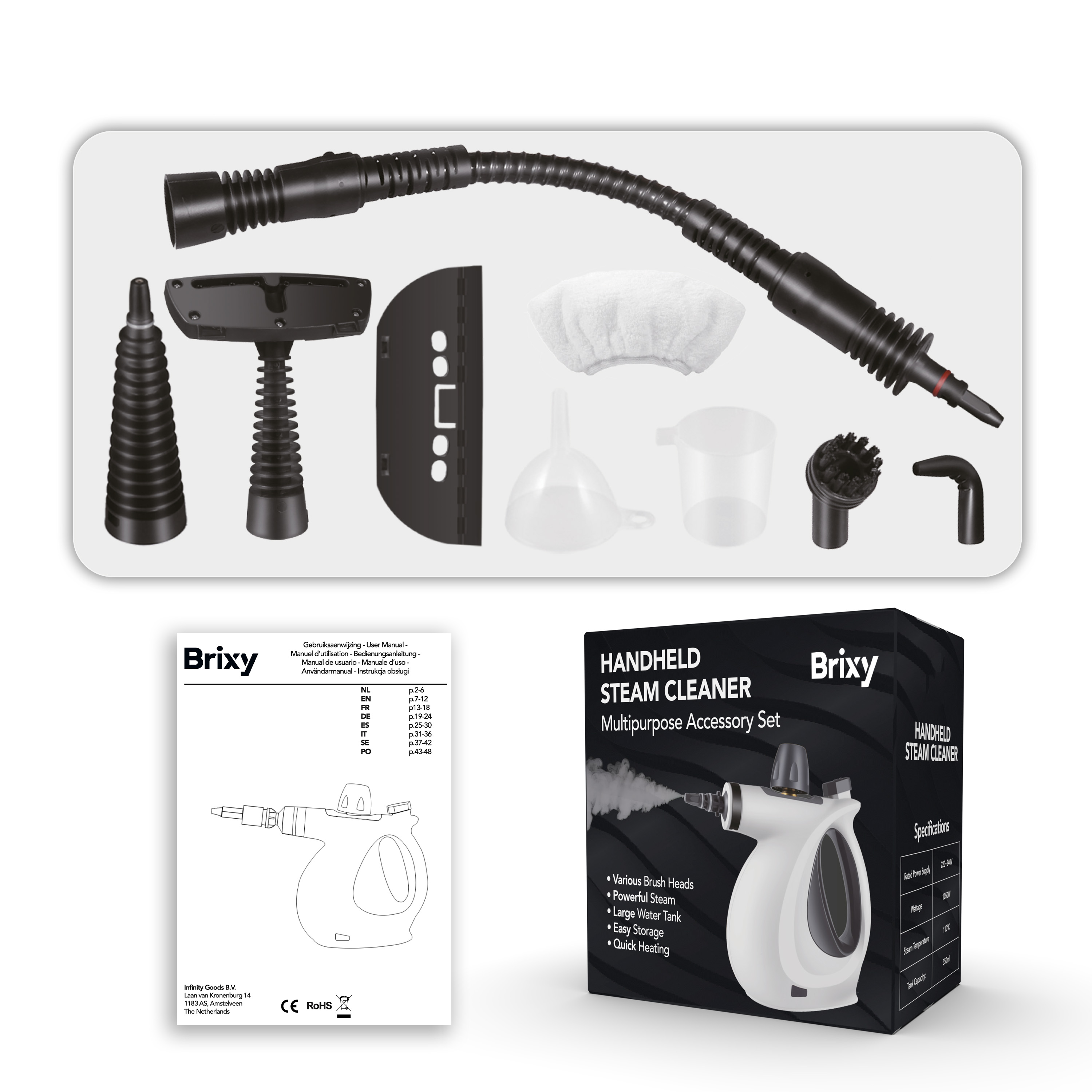 Steam cleaner accessories: hose, nozzles, brushes, funnel, cloth, and measuring cup.