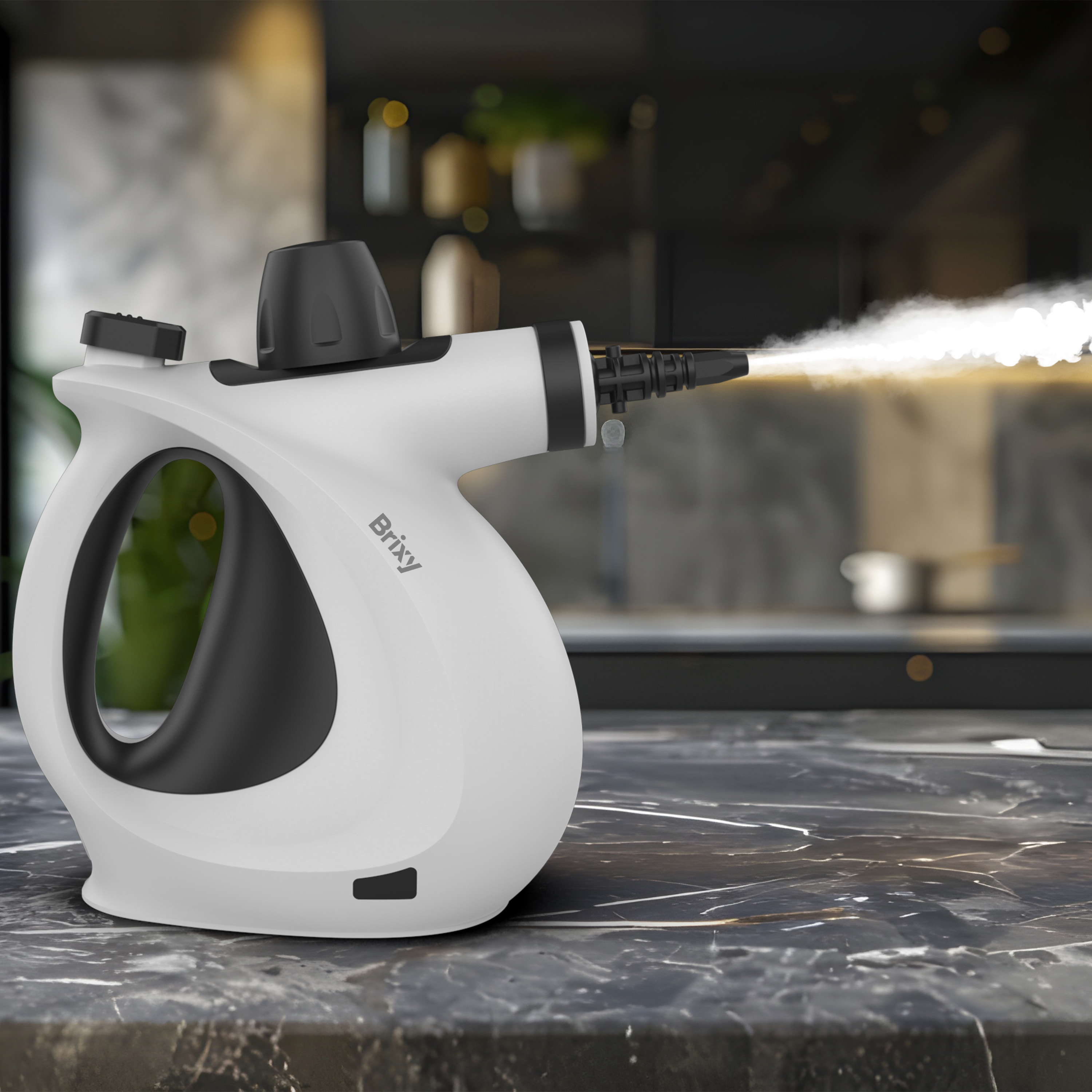 A white handheld steam cleaner with a black handle sprays steam onto a marble surface.