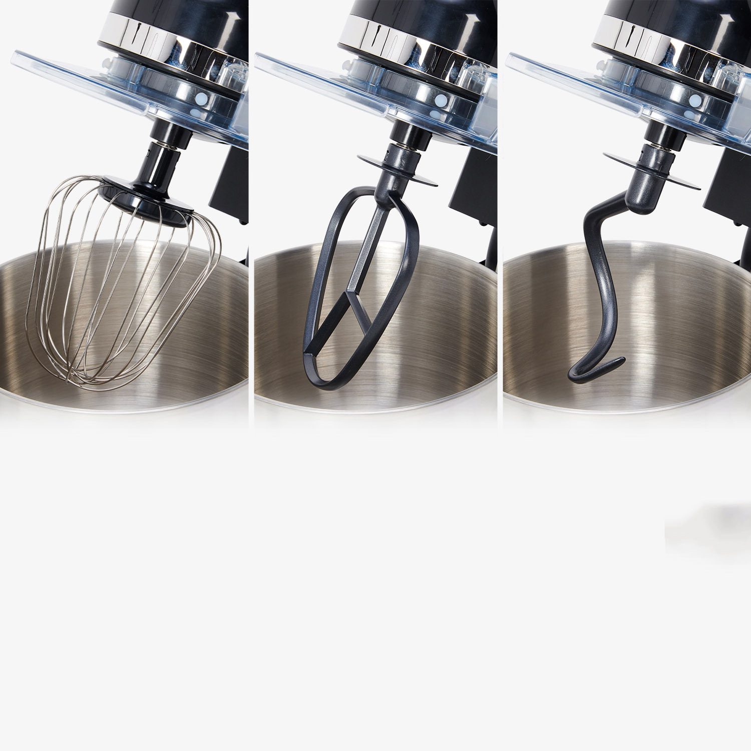 Three mixer attachments: whisk, flat beater, dough hook.