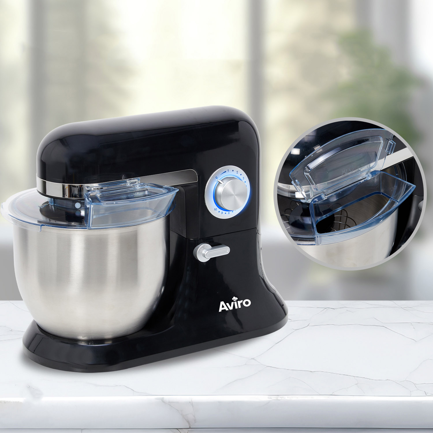 Black stand mixer with stainless steel bowl and clear splash guard.