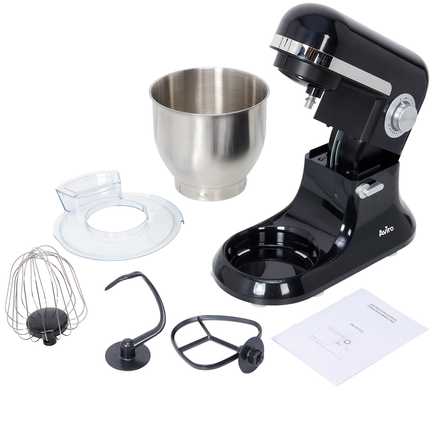Black stand mixer with accessories: bowl, whisk, dough hook, splash guard, and manual.