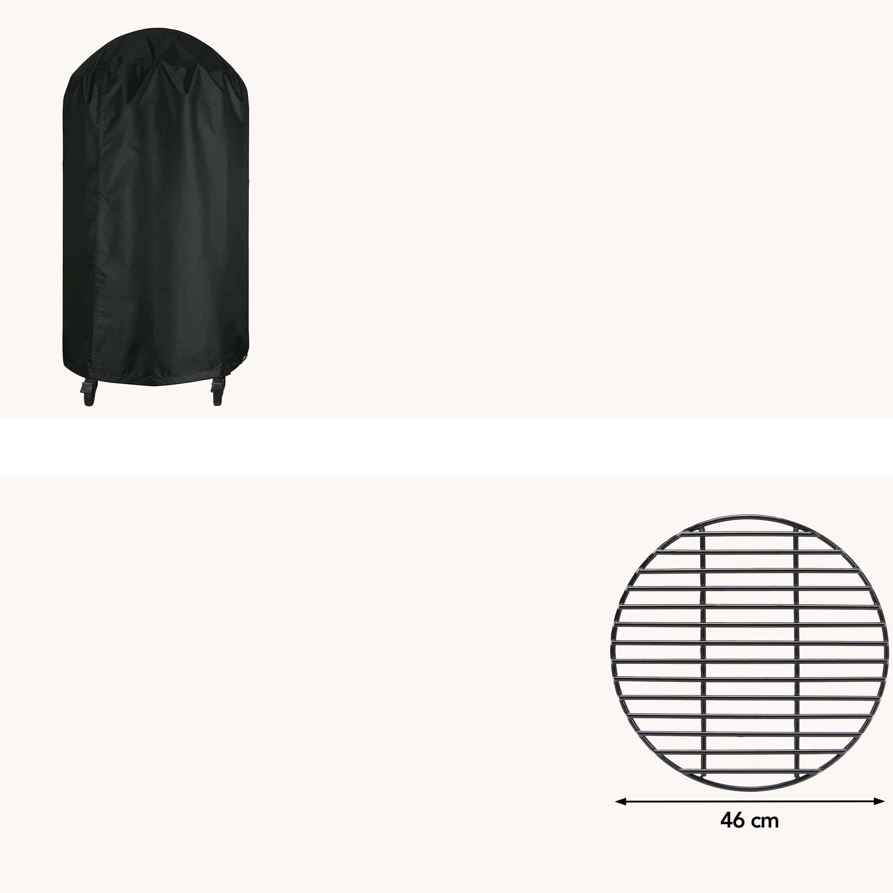 Black grill cover on wheels and a 46 cm grill grate.