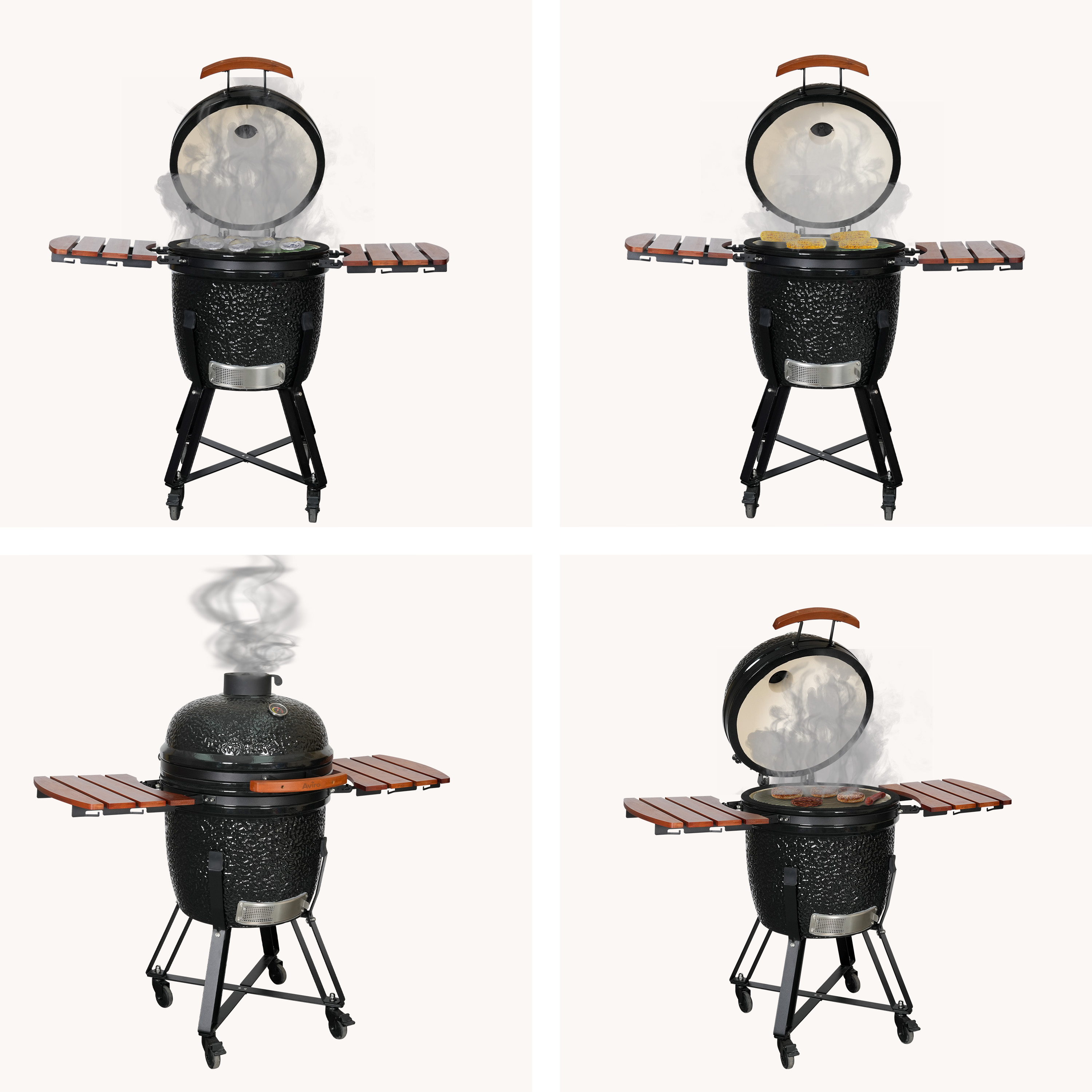 A black ceramic grill with its lid open, showing burgers and sausages on the grate.