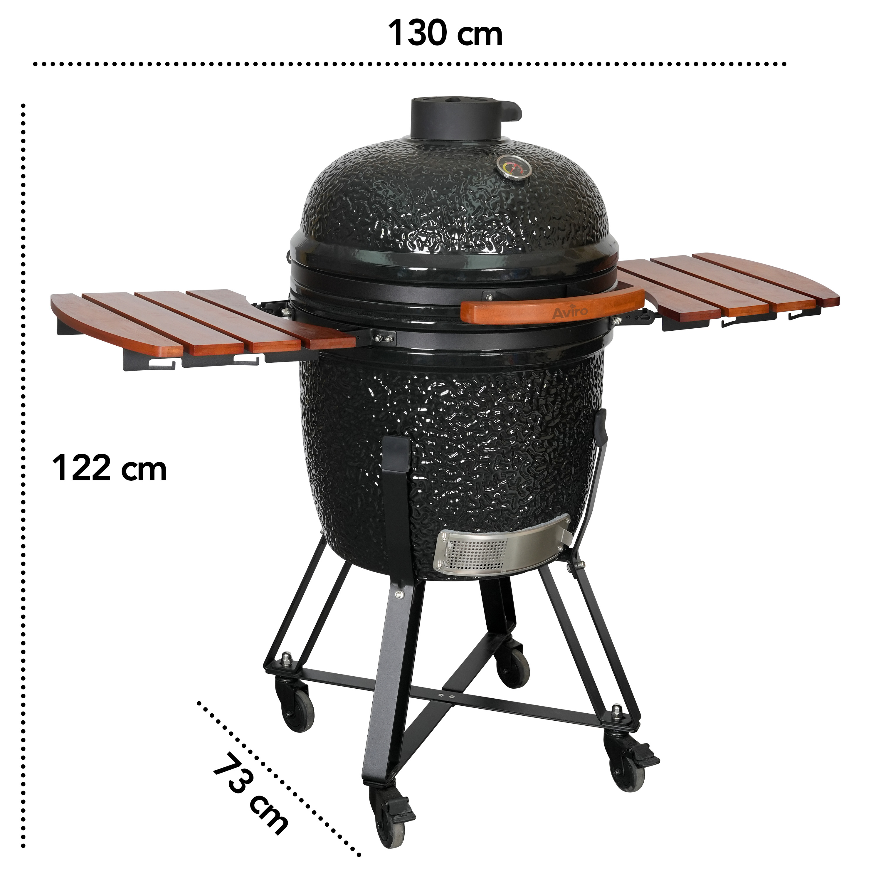 Black ceramic grill with wooden side tables, wheels, and thermometer. 130x122x73 cm.