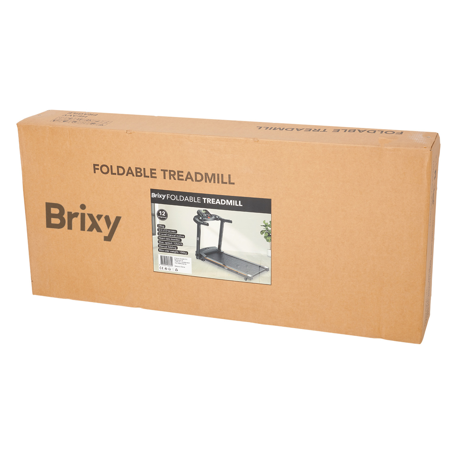 Brixy foldable treadmill box with product image and specifications.
