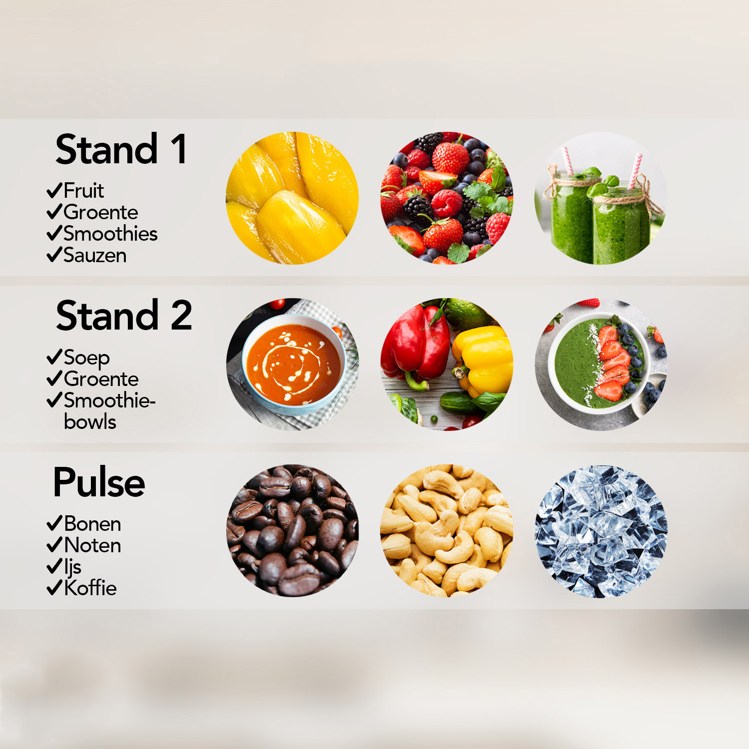 Three displays of food: fruits, vegetables, and drinks.
