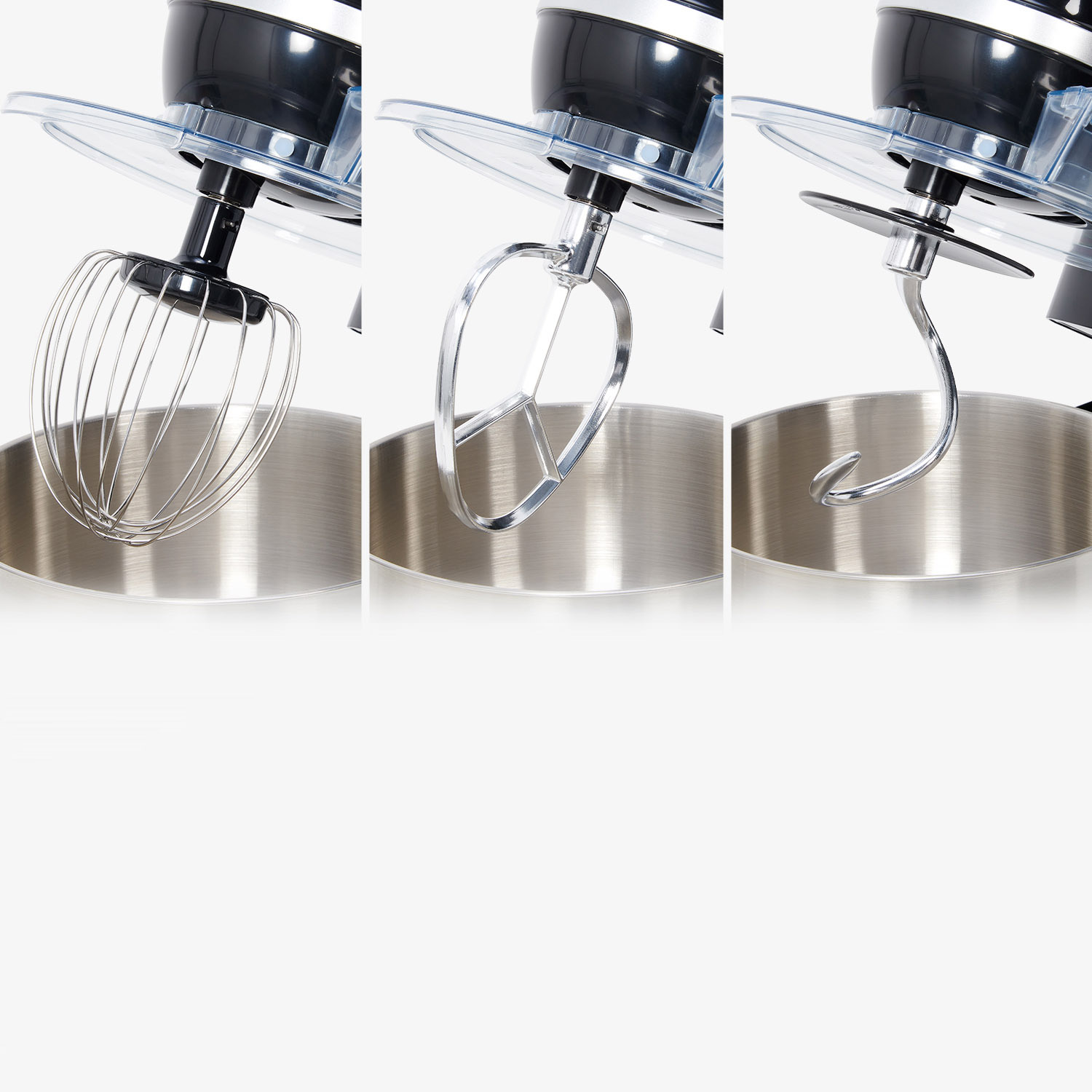 A stand mixer with three different attachments: whisk, flat beater, and dough hook.