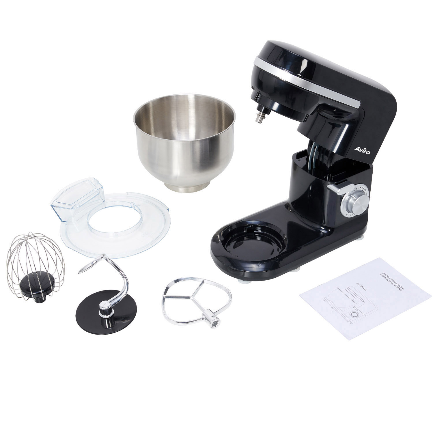 A black stand mixer with accessories: mixing bowl, whisk, dough hook, splash guard, and manual.