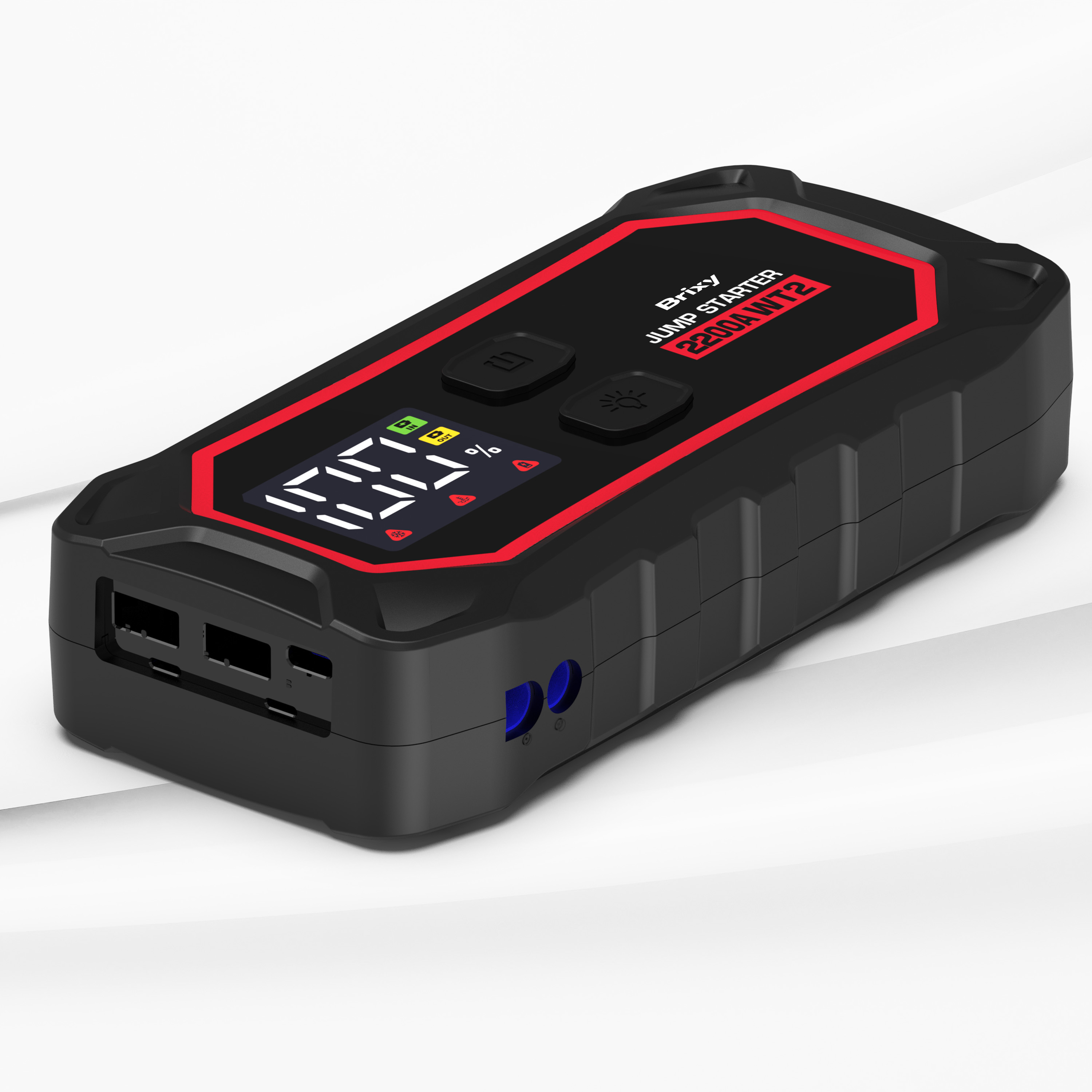 Zwarte startbooster met rode accenten en digitaal display.