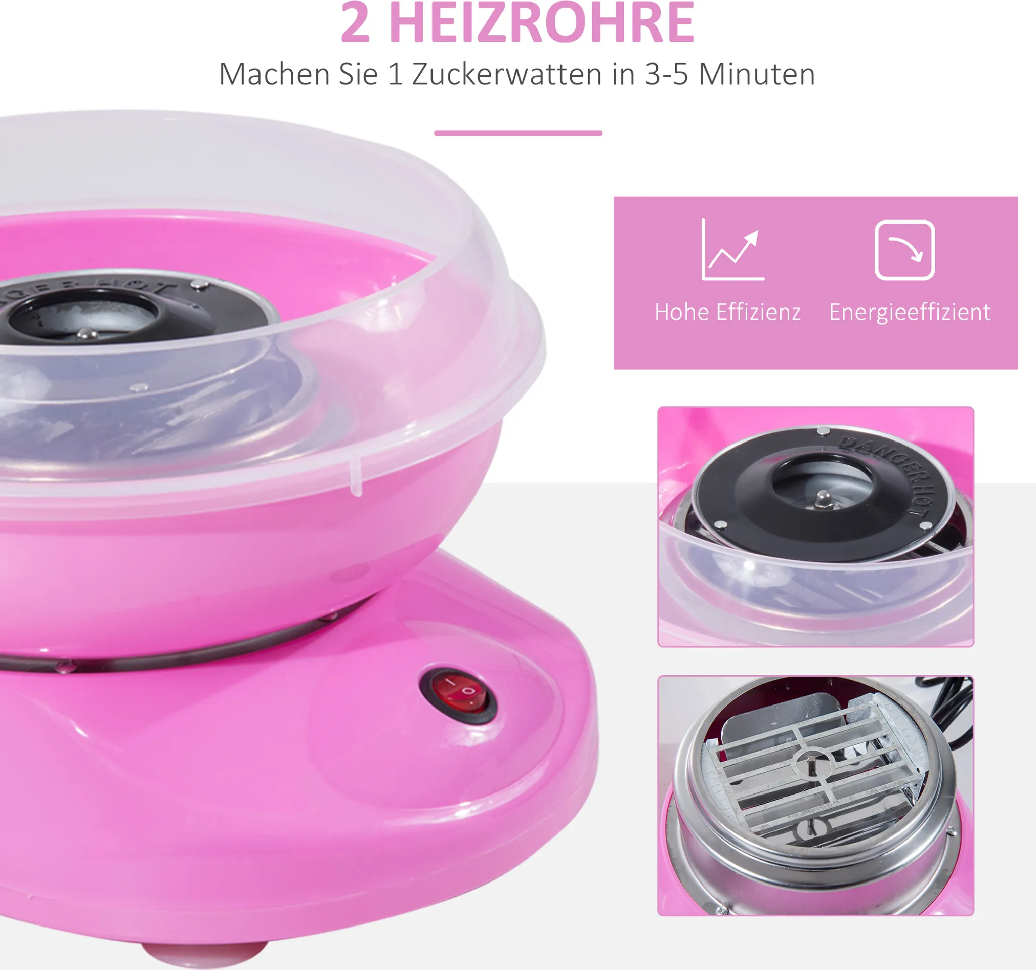 Eine rosafarbene Zuckerwattemaschine mit einem transparenten Deckel und einem roten Ein-/Ausschalter.