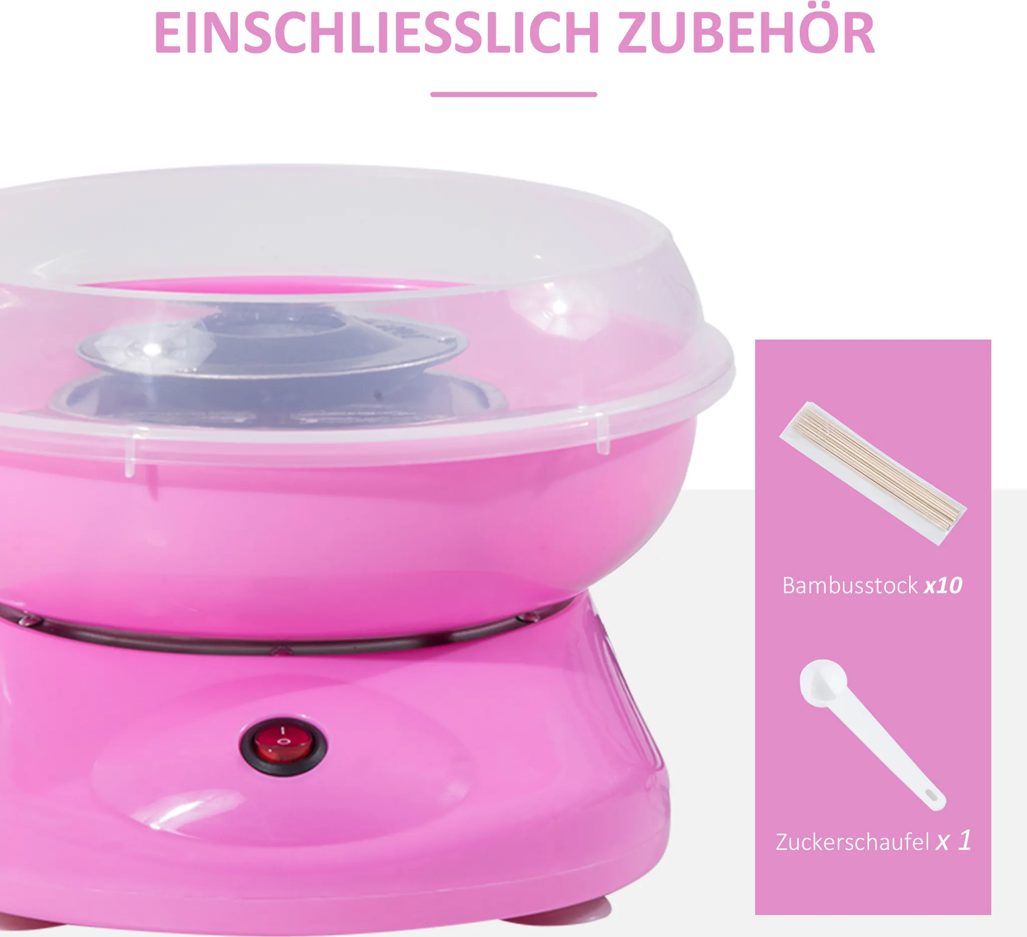 Pinke Zuckerwattemaschine mit Zubehör: 10 Bambusstäbchen und 1 Zuckerschaufel.