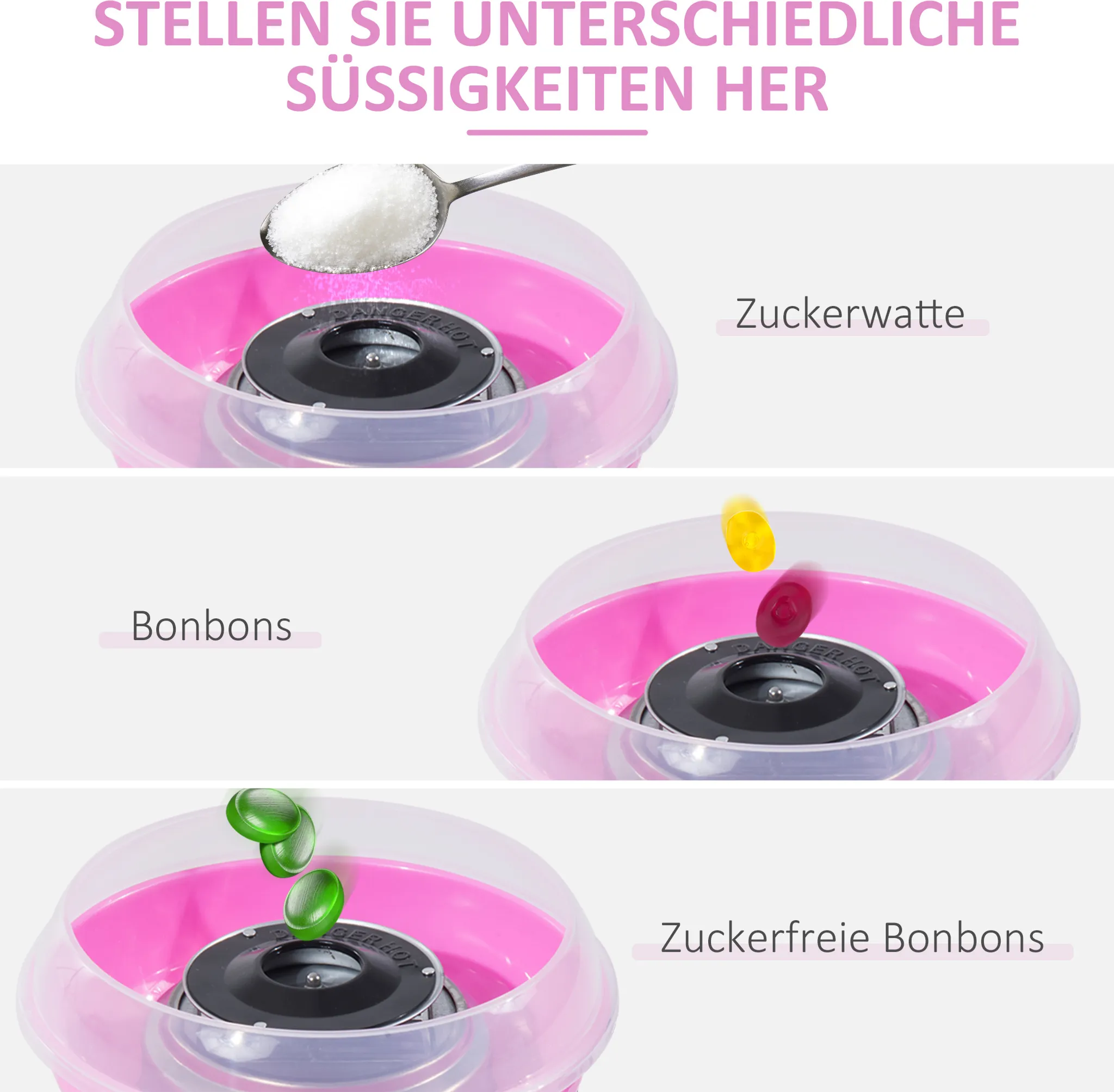 Zucker, Bonbons und zuckerfreie Bonbons werden in eine Maschine gegeben.