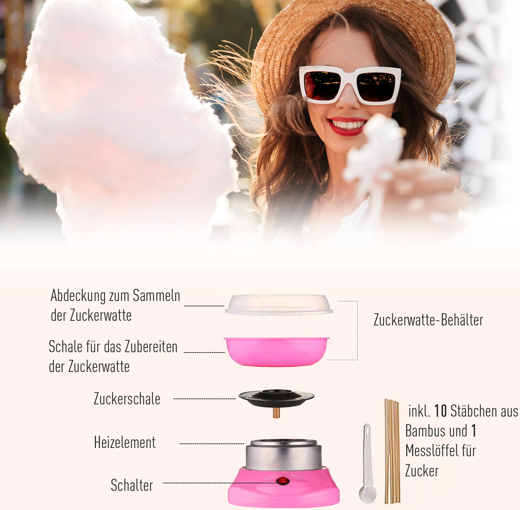 Eine Frau mit Hut und Sonnenbrille hält Zuckerwatte, daneben das Gerät.