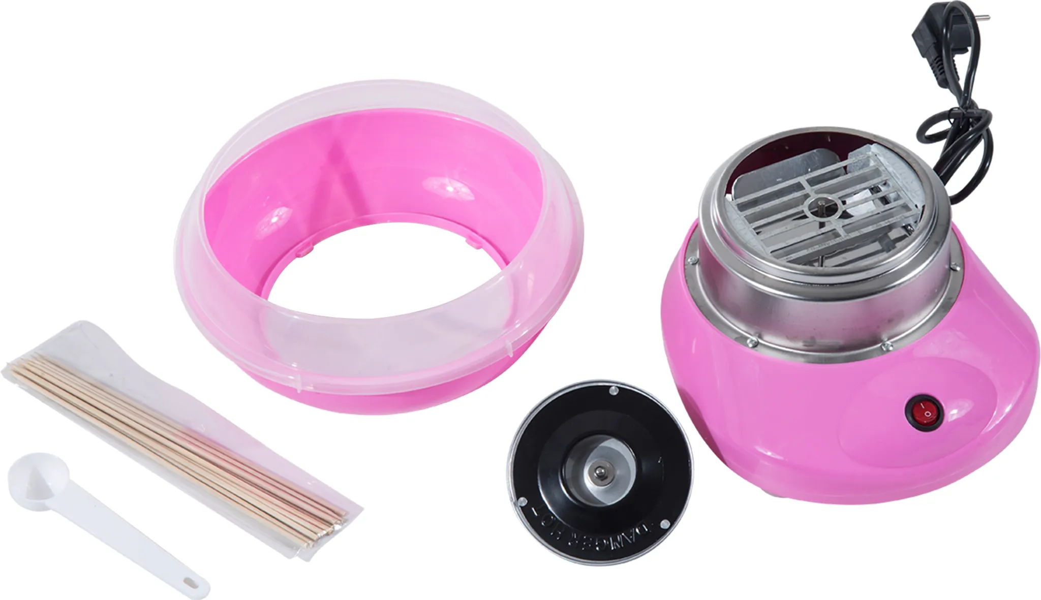 Rosa Zuckerwatte-Maschine mit Zubehör: Schüssel, Löffel und Stöcke.