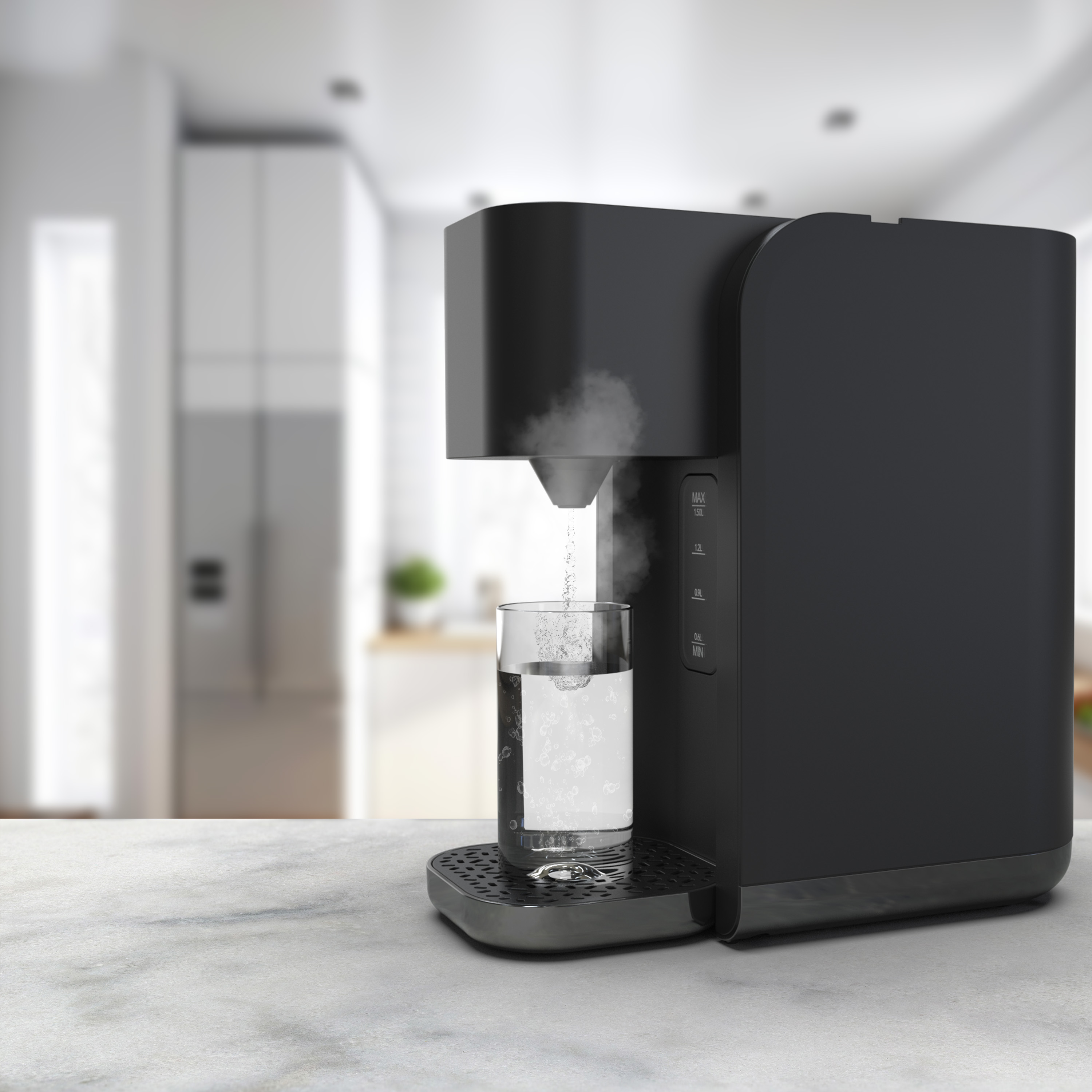 Een zwarte waterdispenser vult een glas met bruisend water in een keuken.