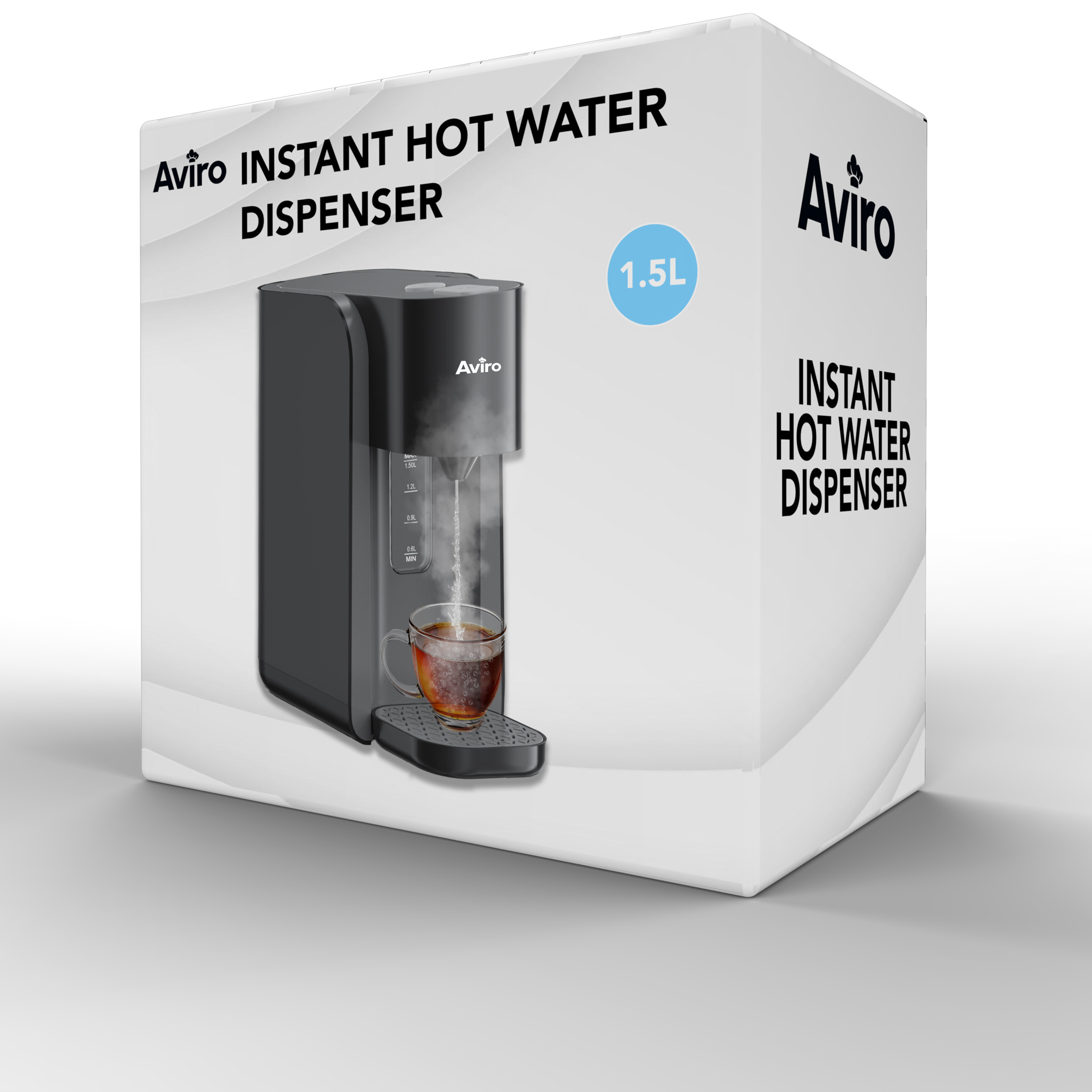 Een zwarte Avrio instant heetwaterdispenser met een kop thee en stoom.