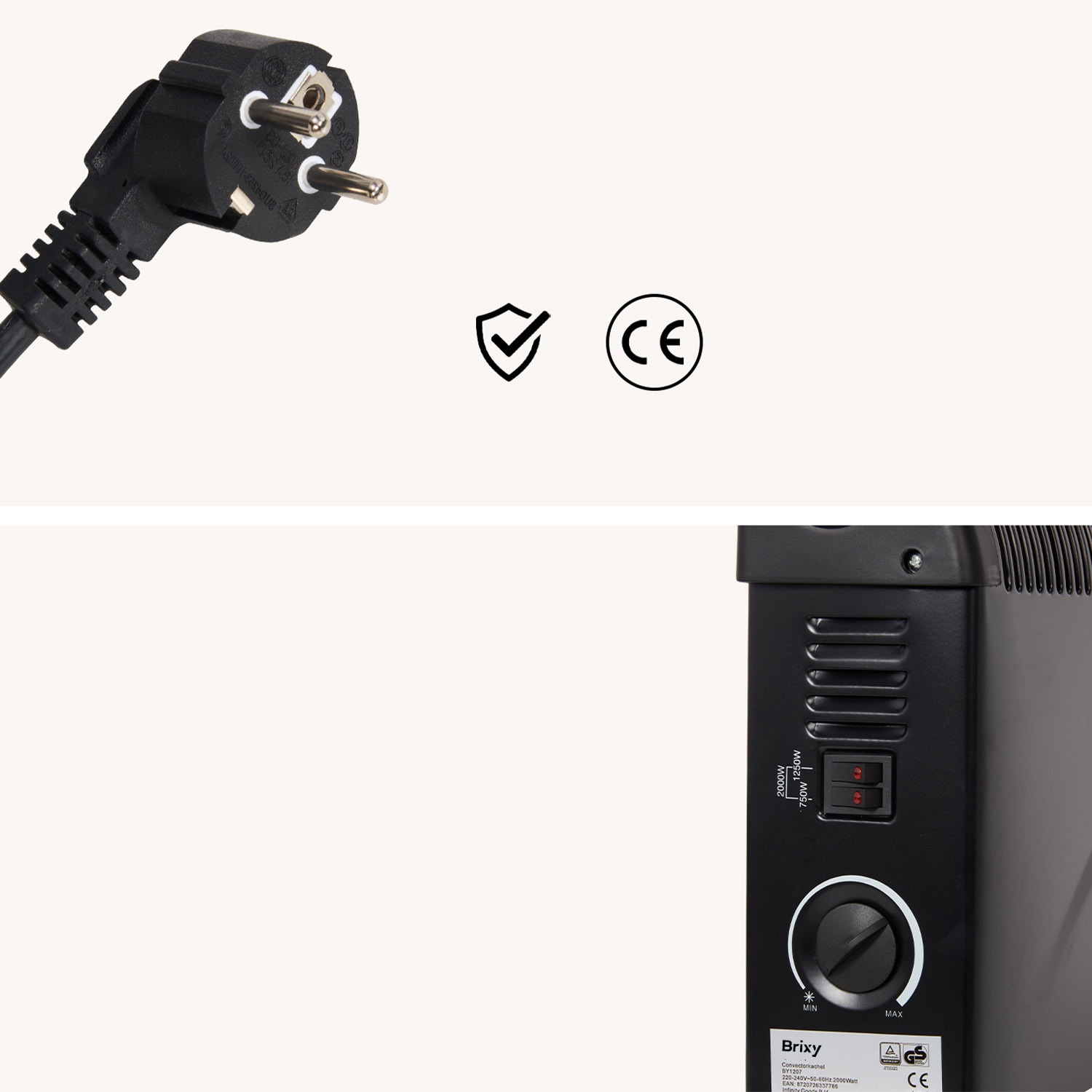 Black power plug and heater with controls. CE marking.