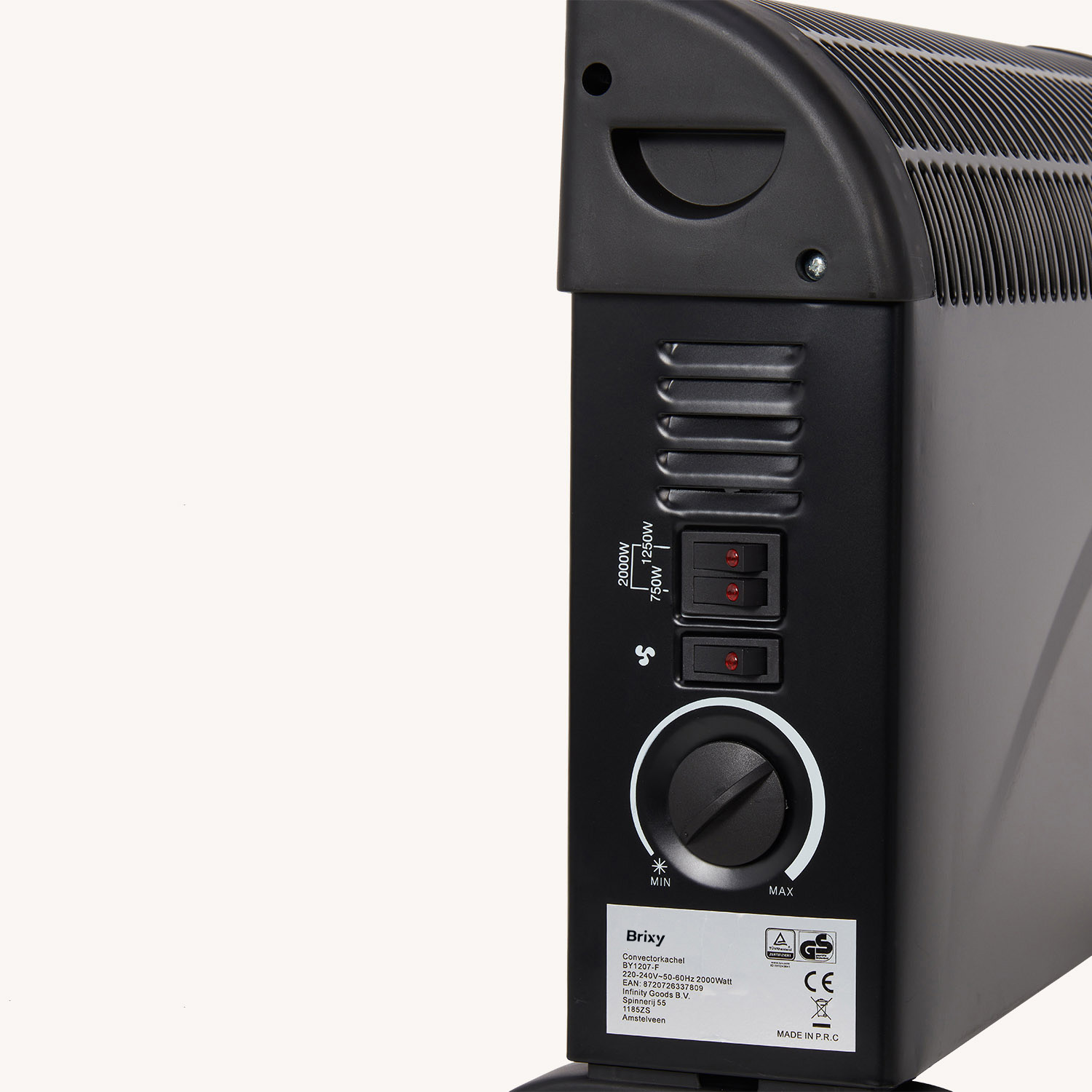Black convector heater with controls: switches, dial, and power settings.