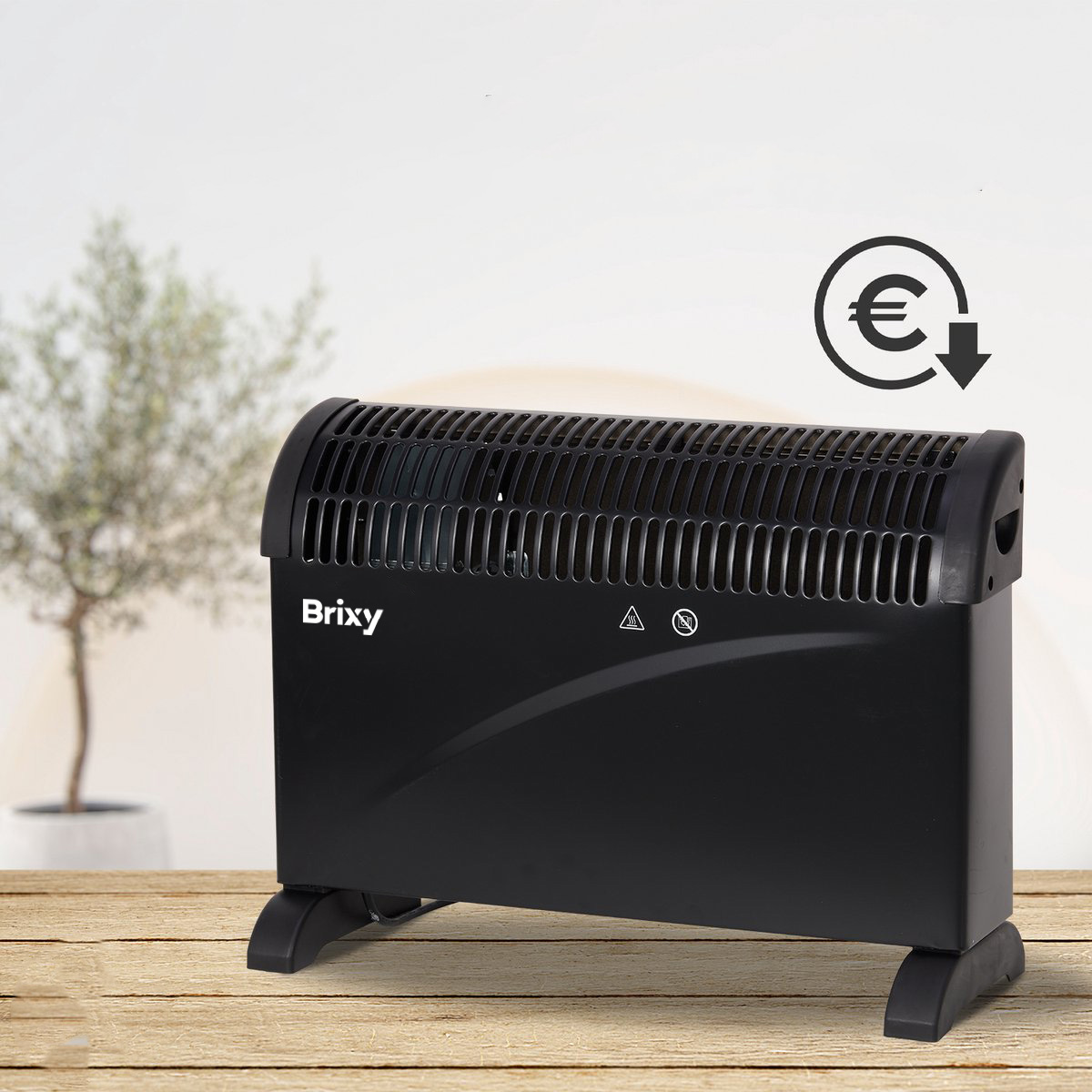 A black heater sits on a wooden table. A tree is on the left.