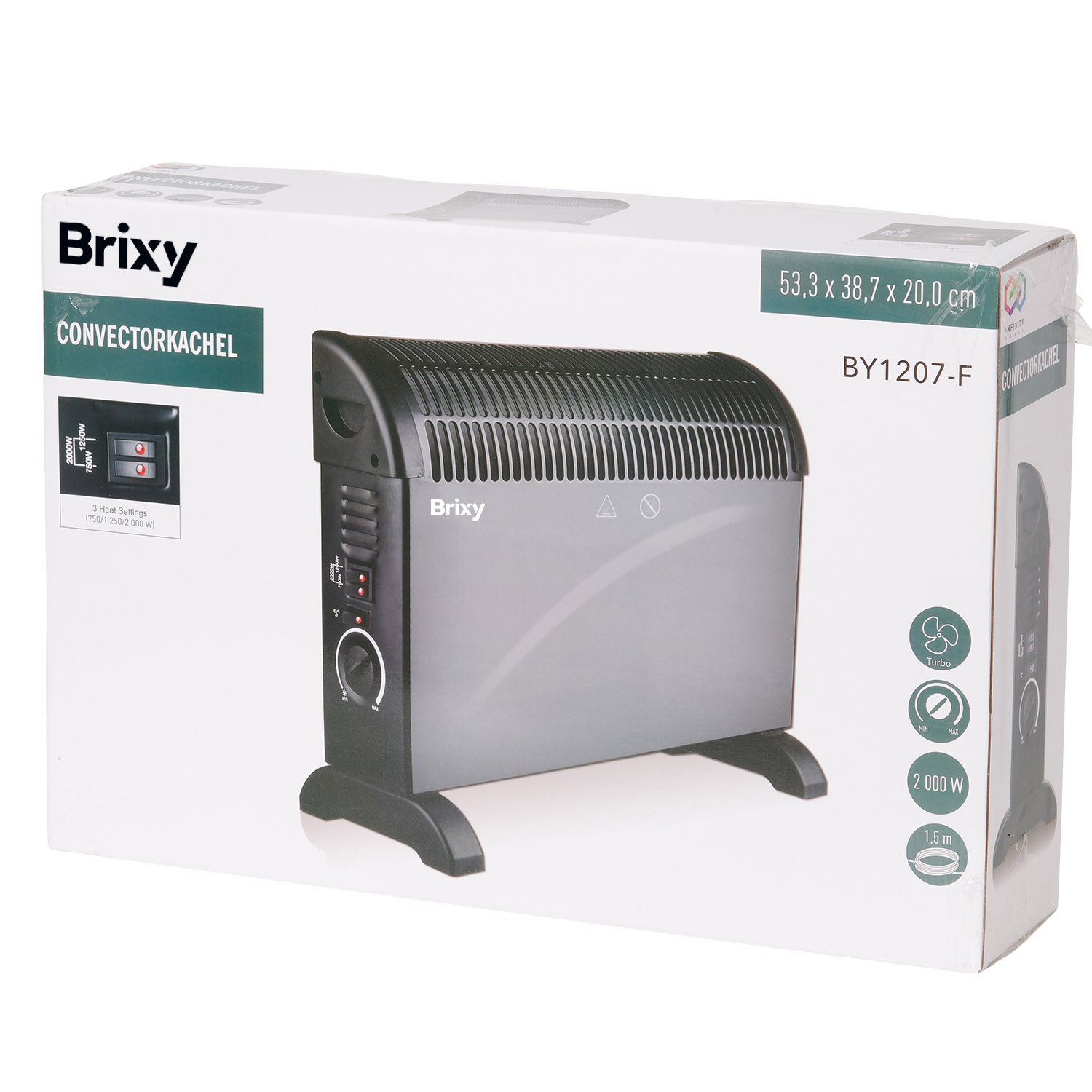 Brixy convector heater with fan, temperature control, and 2000W power.