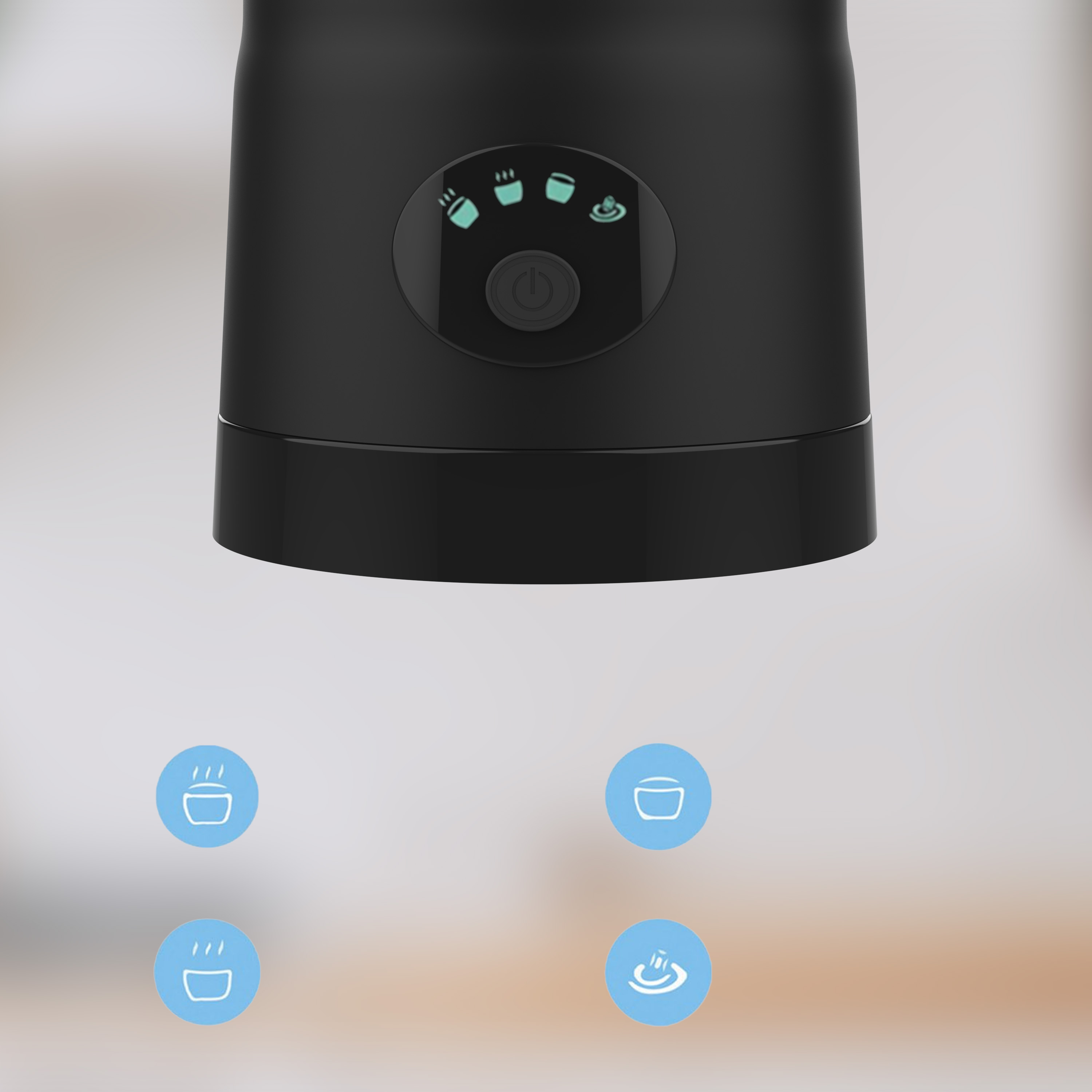 Zwart apparaat met gloeiende iconen: stoom, kopje, kopje, water.