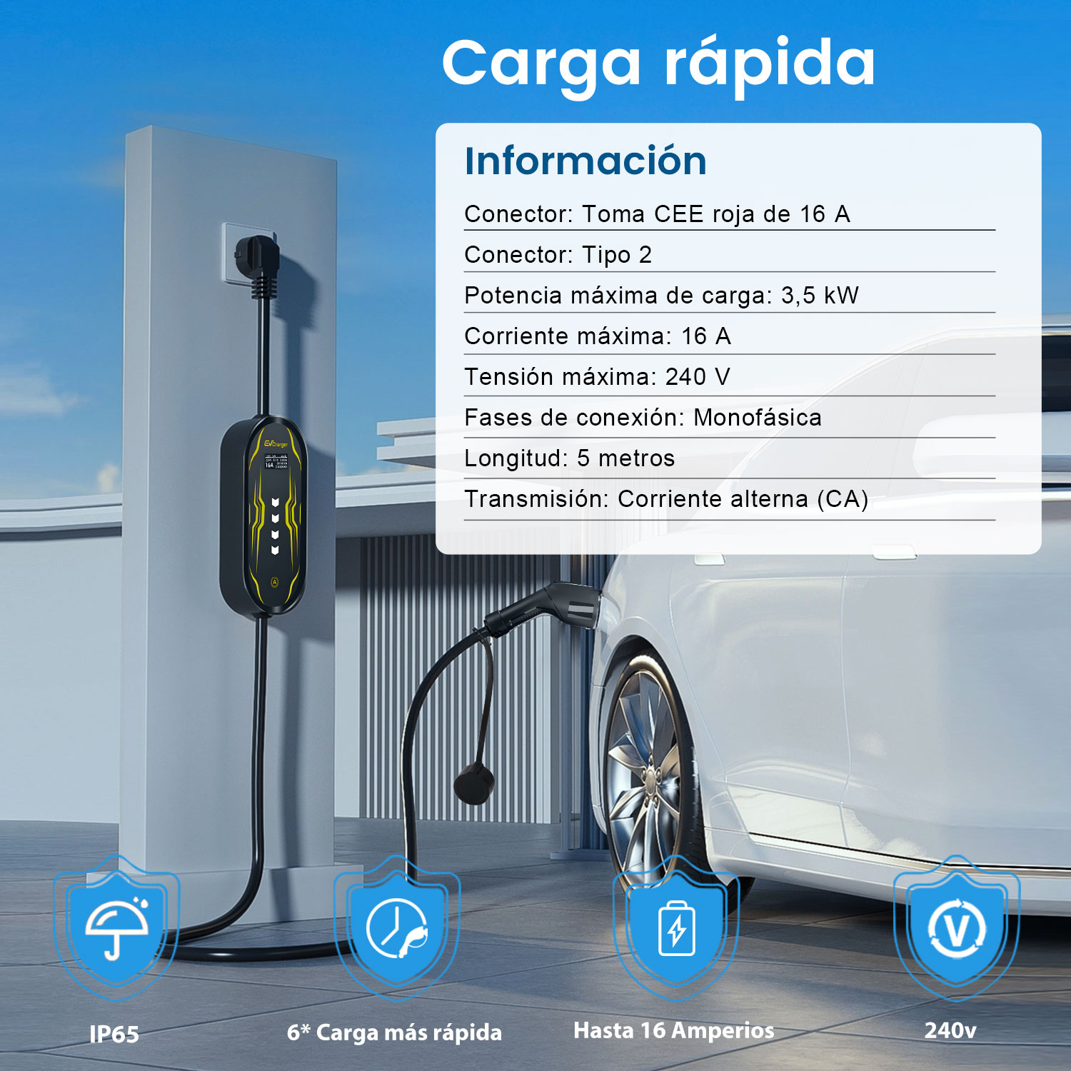 Cargador de VE con cable y enchufe para coche eléctrico, con especificaciones.