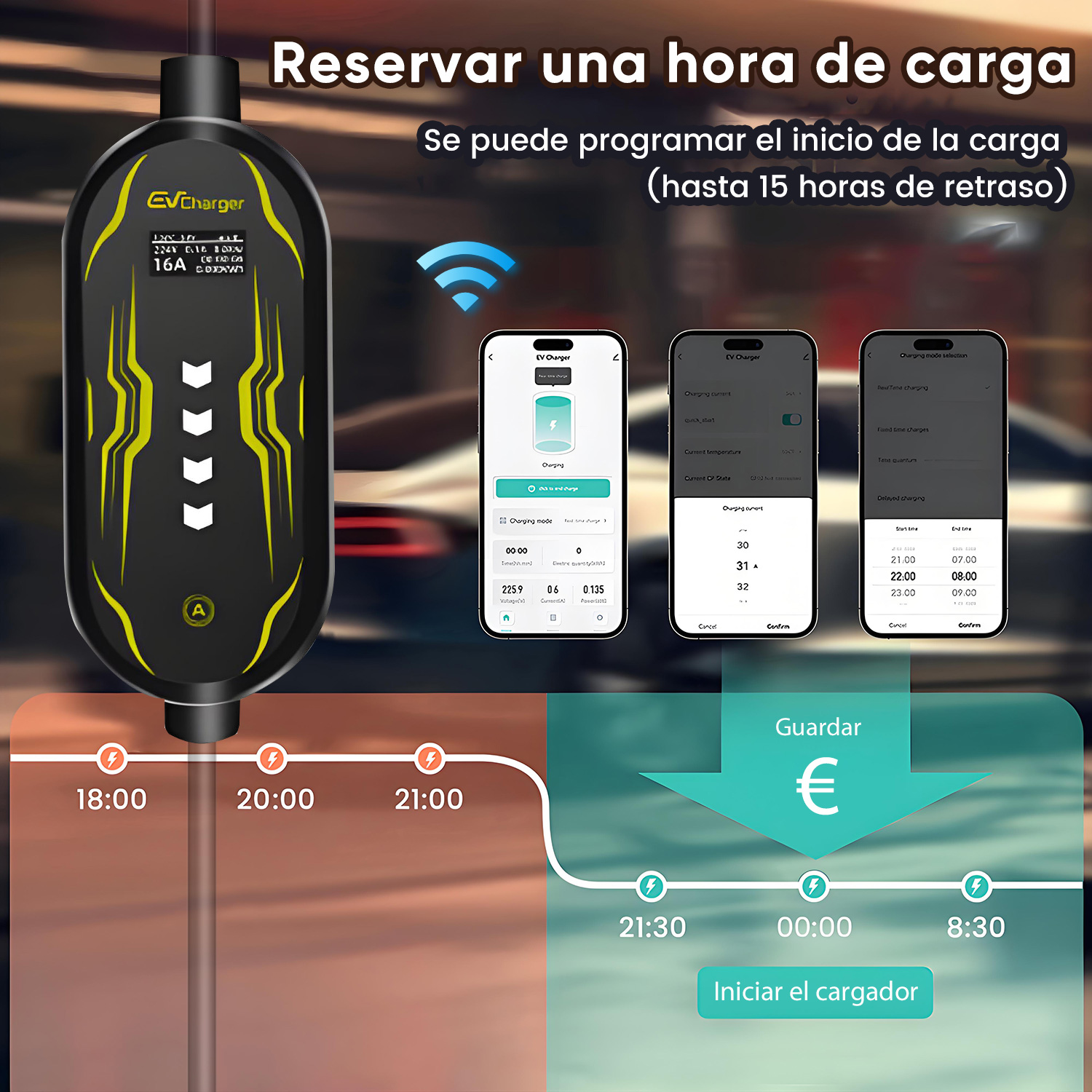 Cargador EV con horarios y vistas de app. Muestra 18:00, 20:00, 21:00.