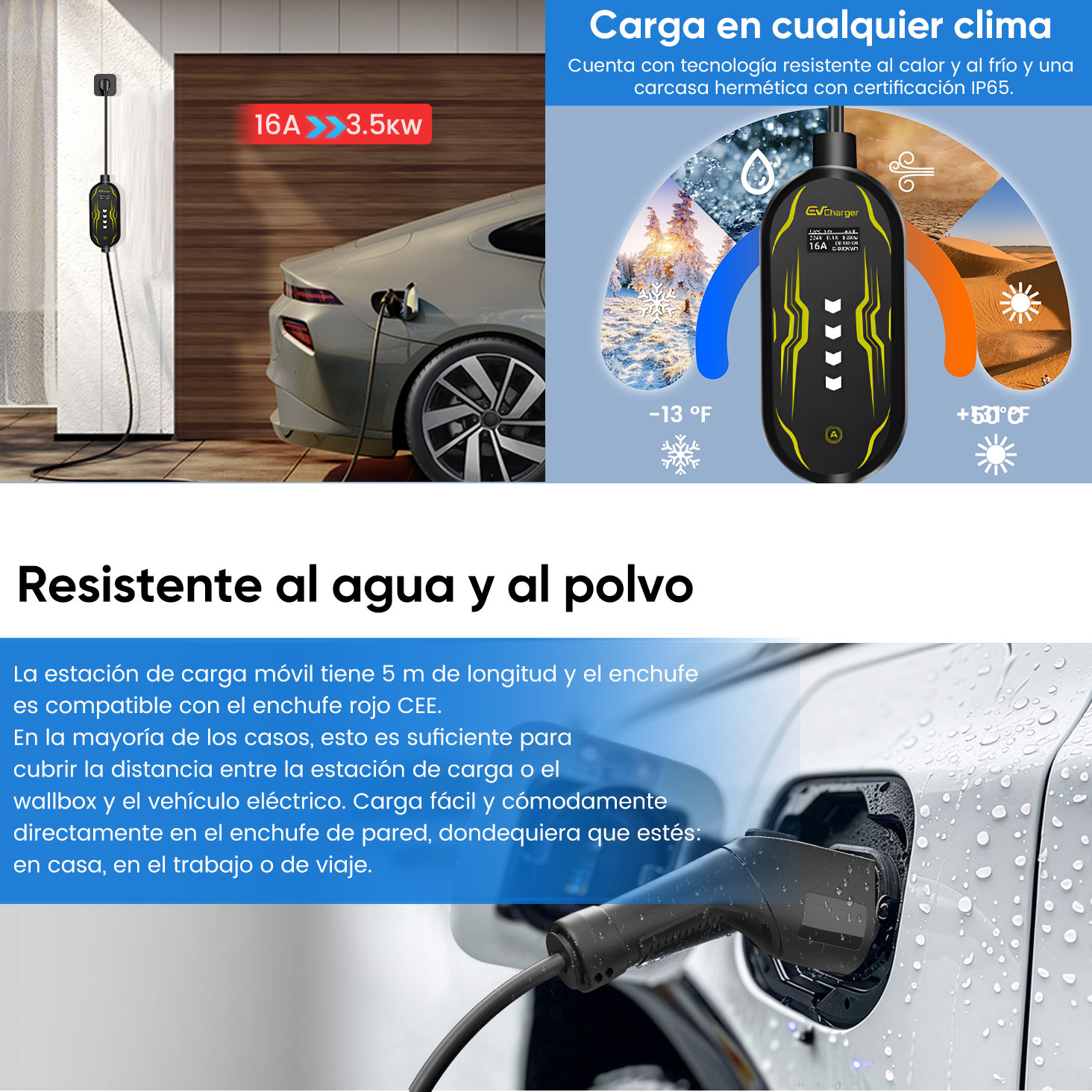 Cargador EV 16A, 3.5kw, resistente a la intemperie, para temperaturas extremas.