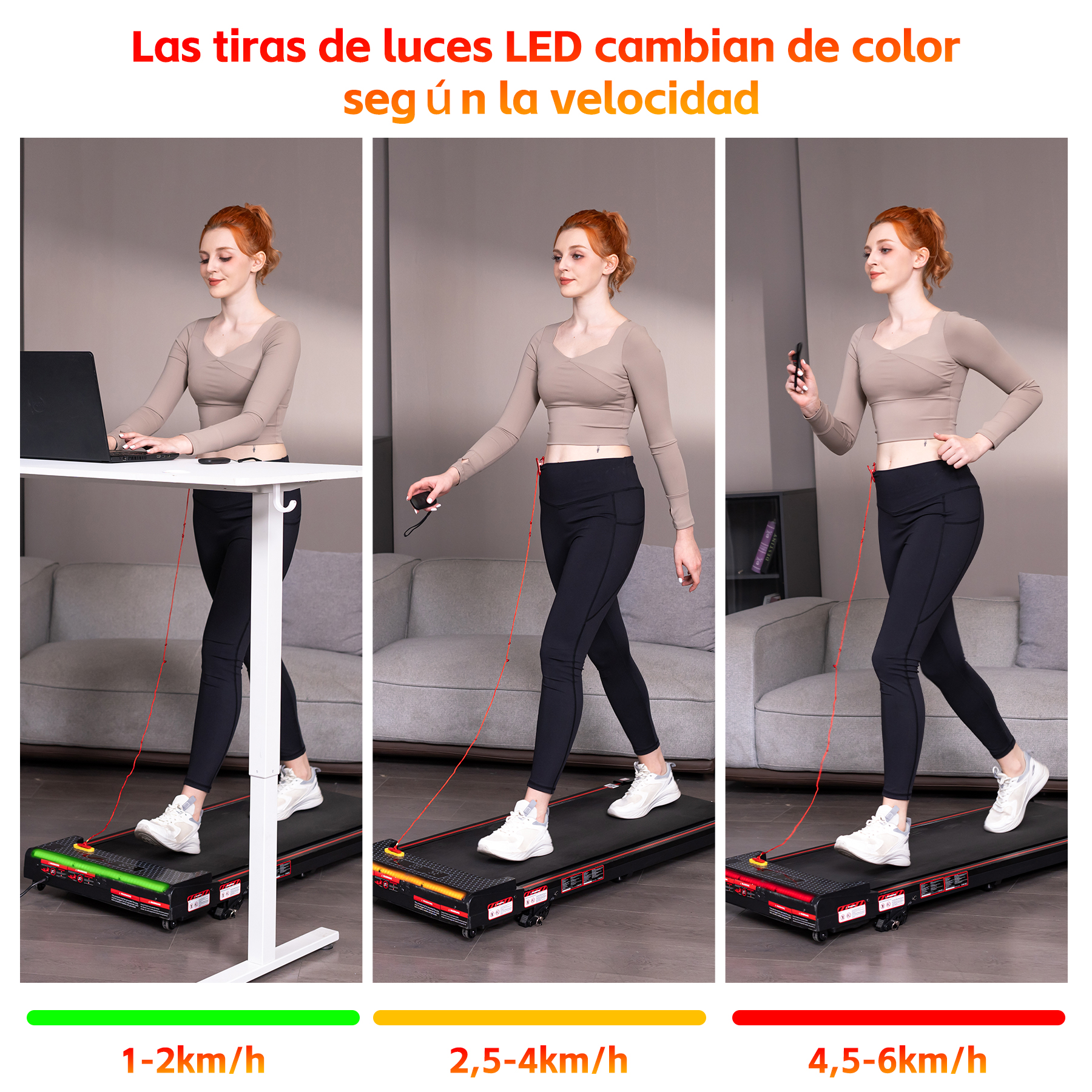 Mujer en cinta con luces verdes, amarillas y rojas indicando velocidad.
