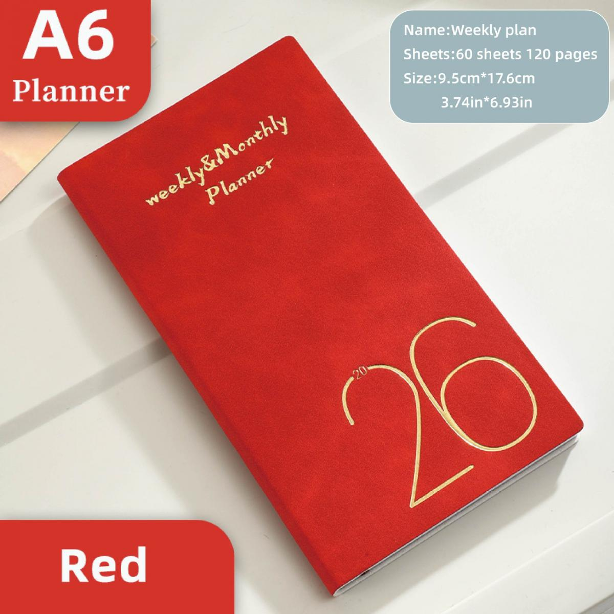 Roter A6 Planer mit goldener '26' und 'weekly&Monthly Planner' Prägung.
