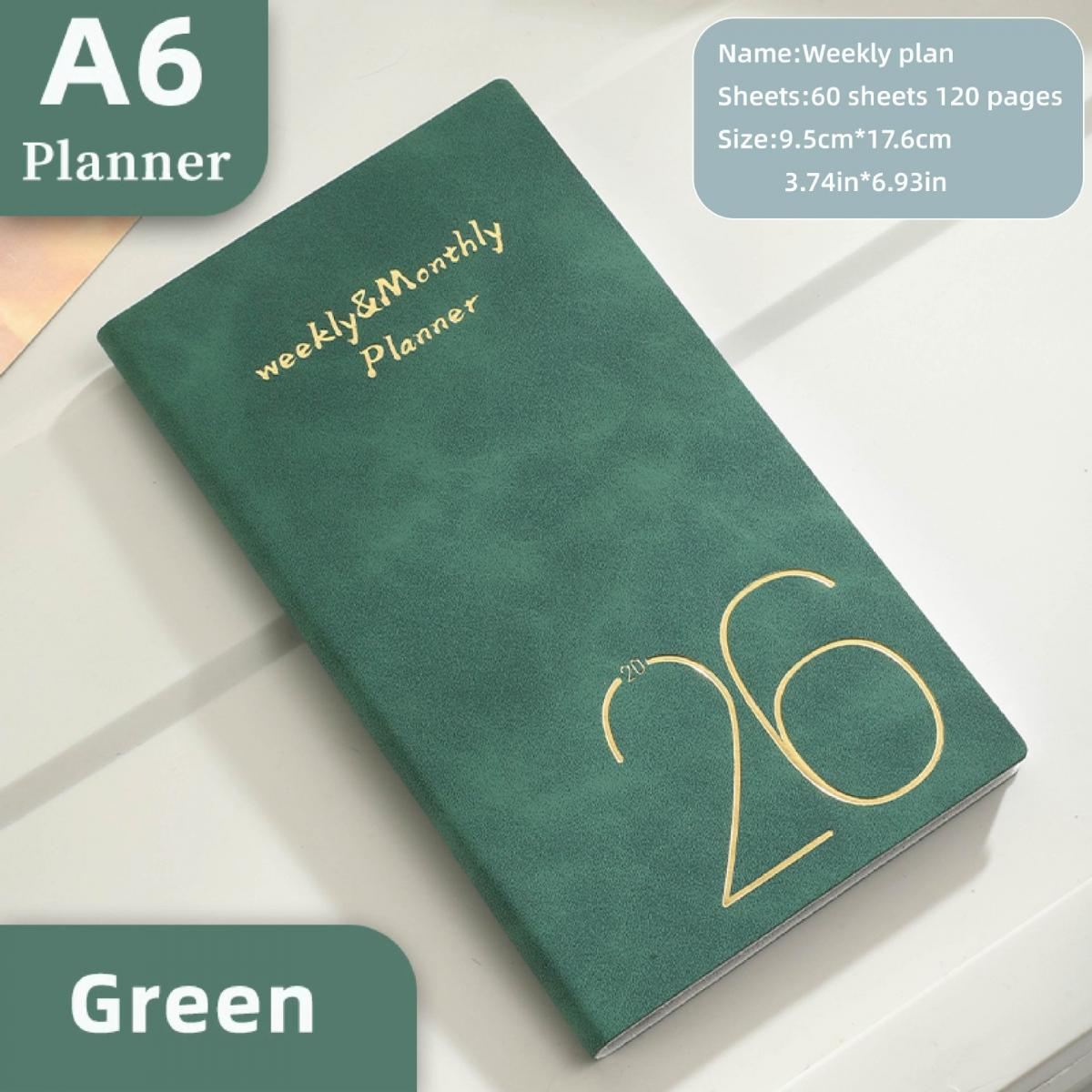 Grüner A6 Wochen- & Monatsplaner mit goldenem '26'-Design und Textdetails.
