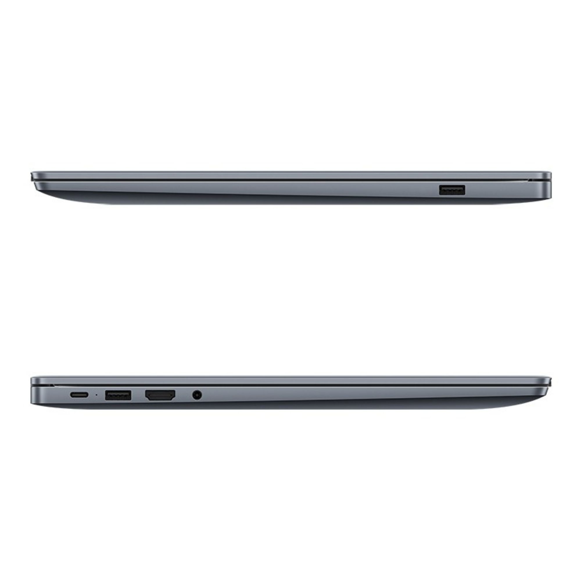USB-C, HDMI ve USB-A bağlantı noktalarını gösteren gri dizüstü bilgisayar kenarı.