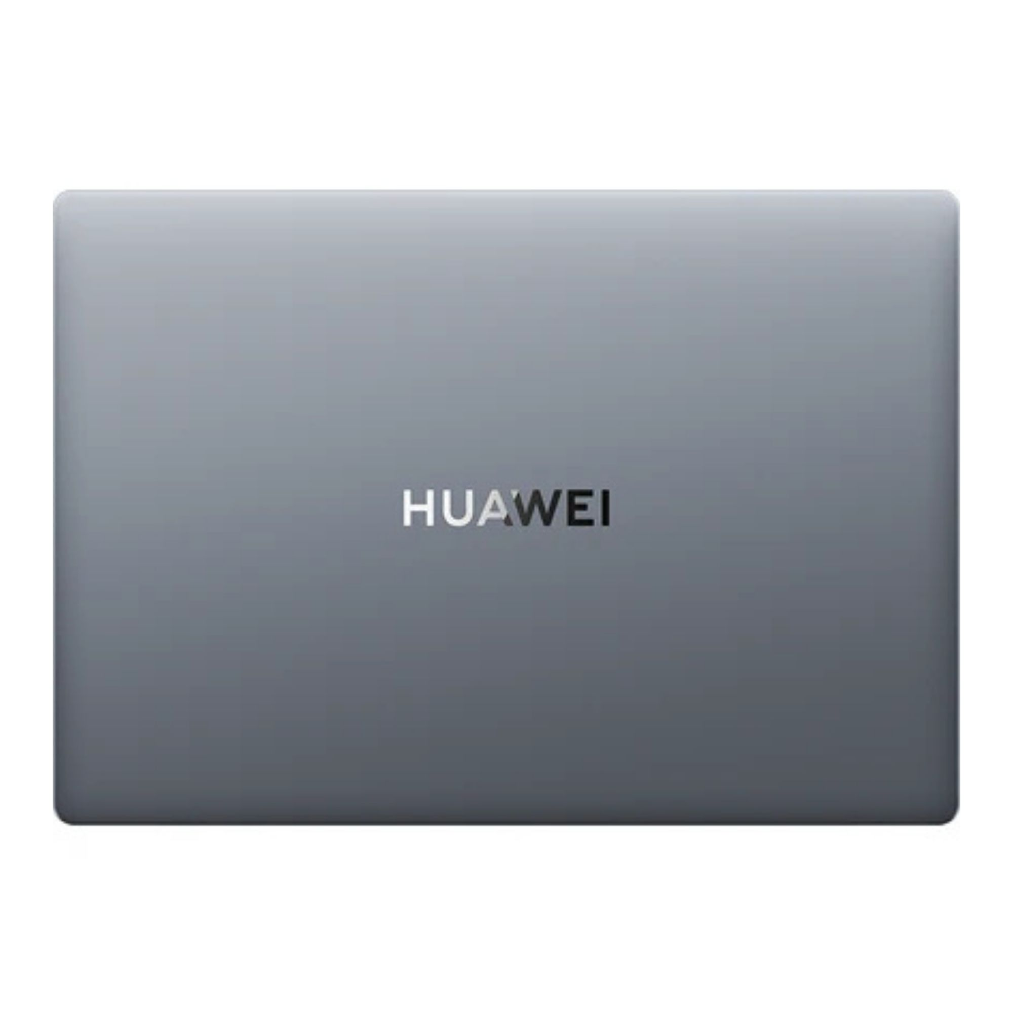 Ortasında gümüş HUAWEI logosu bulunan kapalı gri dizüstü bilgisayar.