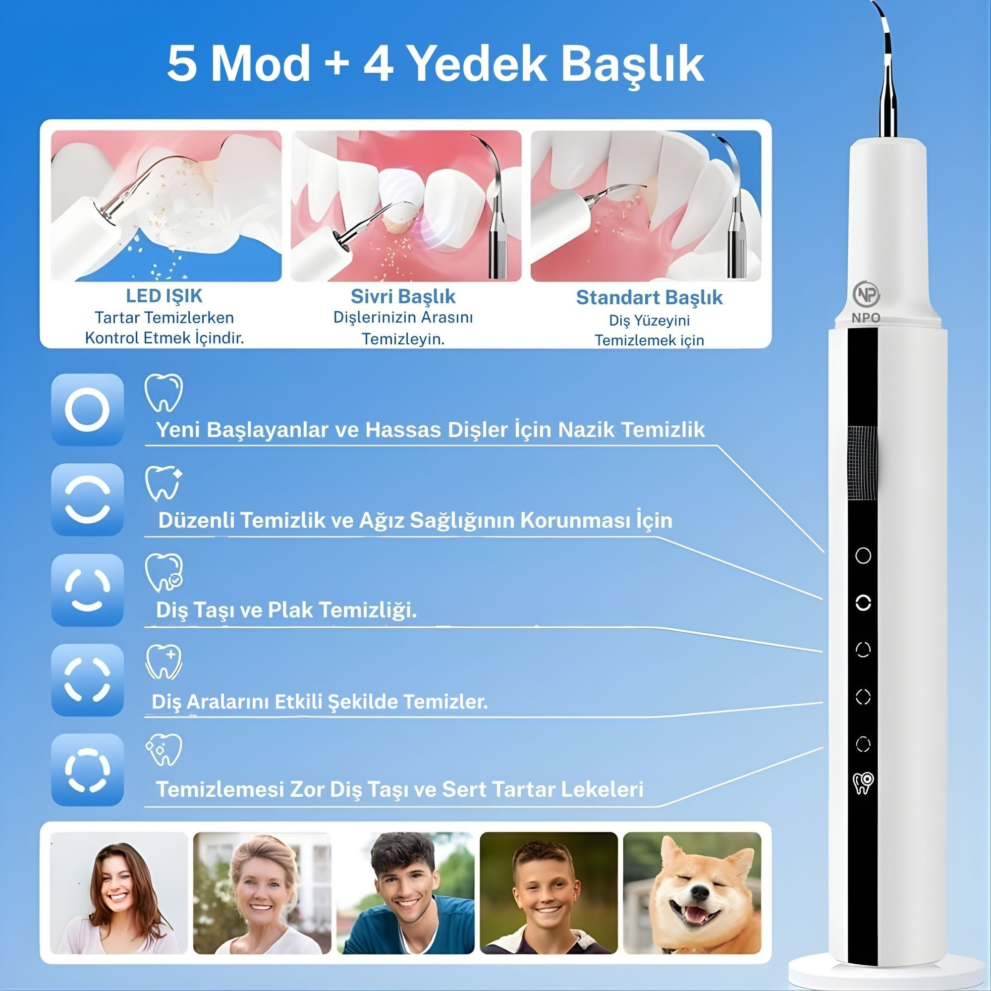 5 modlu, 4 başlıklı diş temizleyici, LED ışıklı, çeşitli temizleme fonksiyonları.