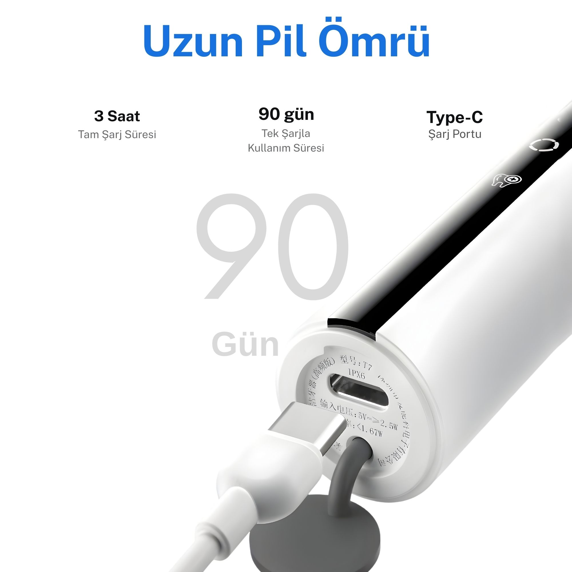 Type-C portlu beyaz cihaz, 3 saat şarj süresi ve 90 gün kullanım gösteriyor.