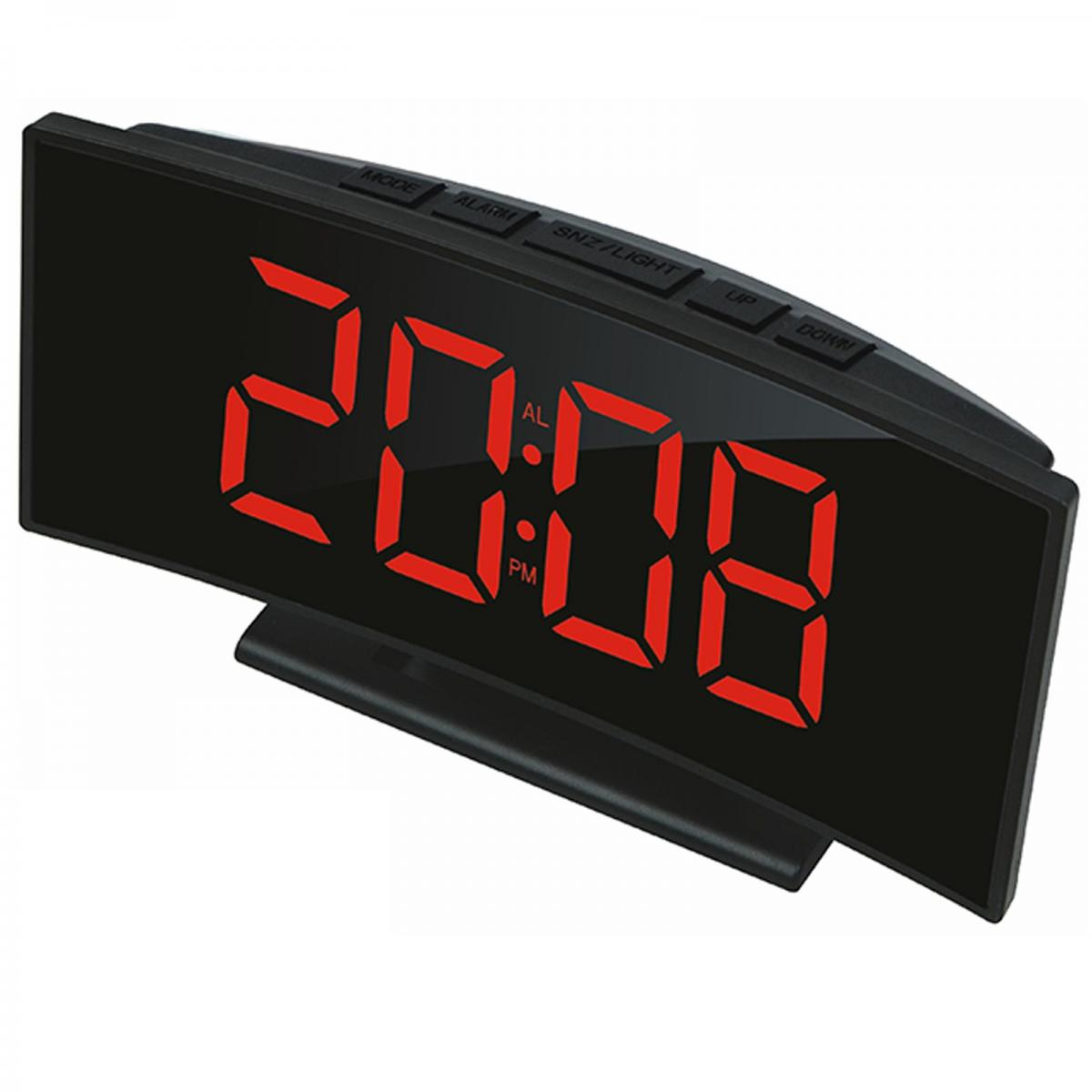 Digitaluhr mit roten Zahlen zeigt 20:08 Uhr an.